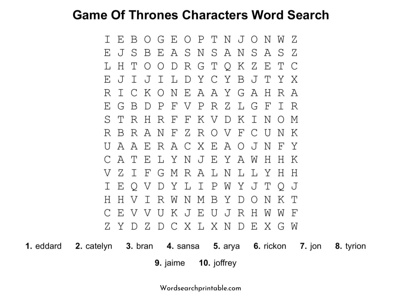 game of thrones characters word search puzzle