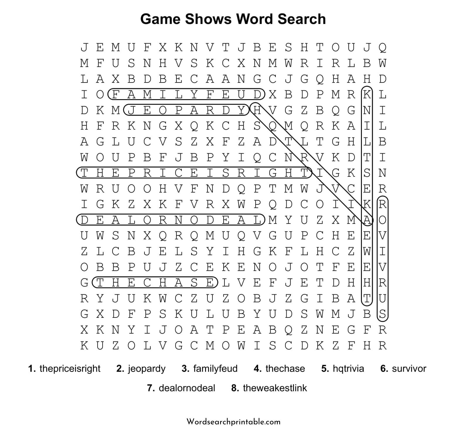 game shows word search puzzle solution
