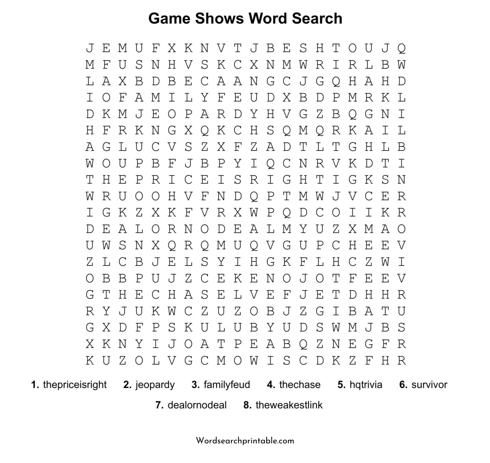game shows word search puzzle