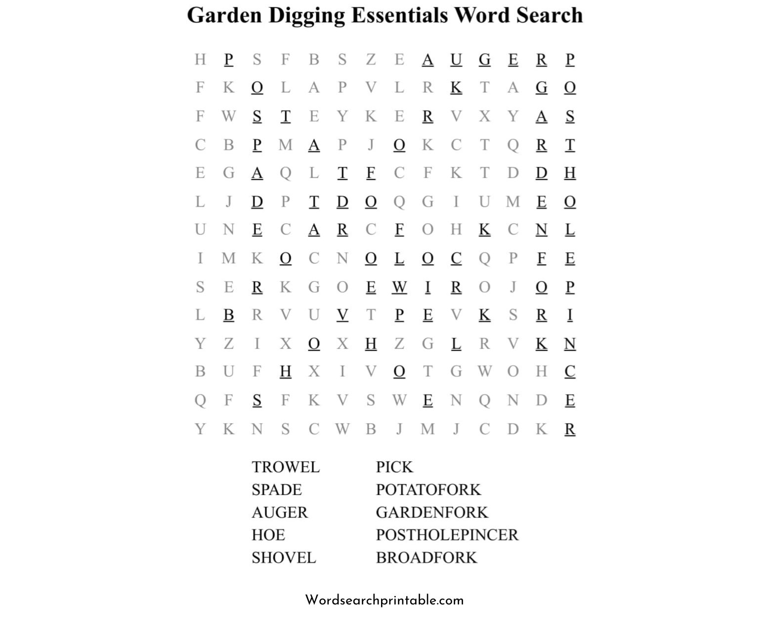 garden digging essentials word search puzzle solution