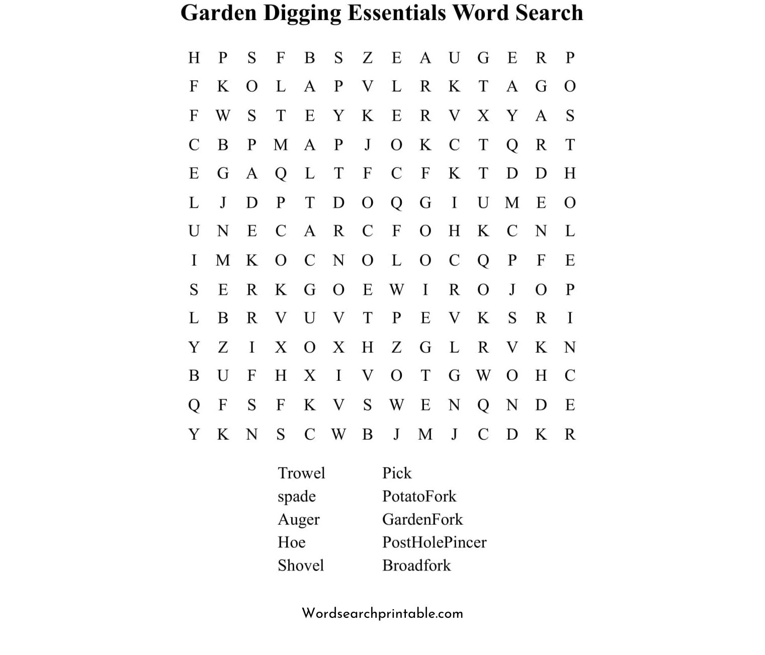 garden digging essentials word search puzzle