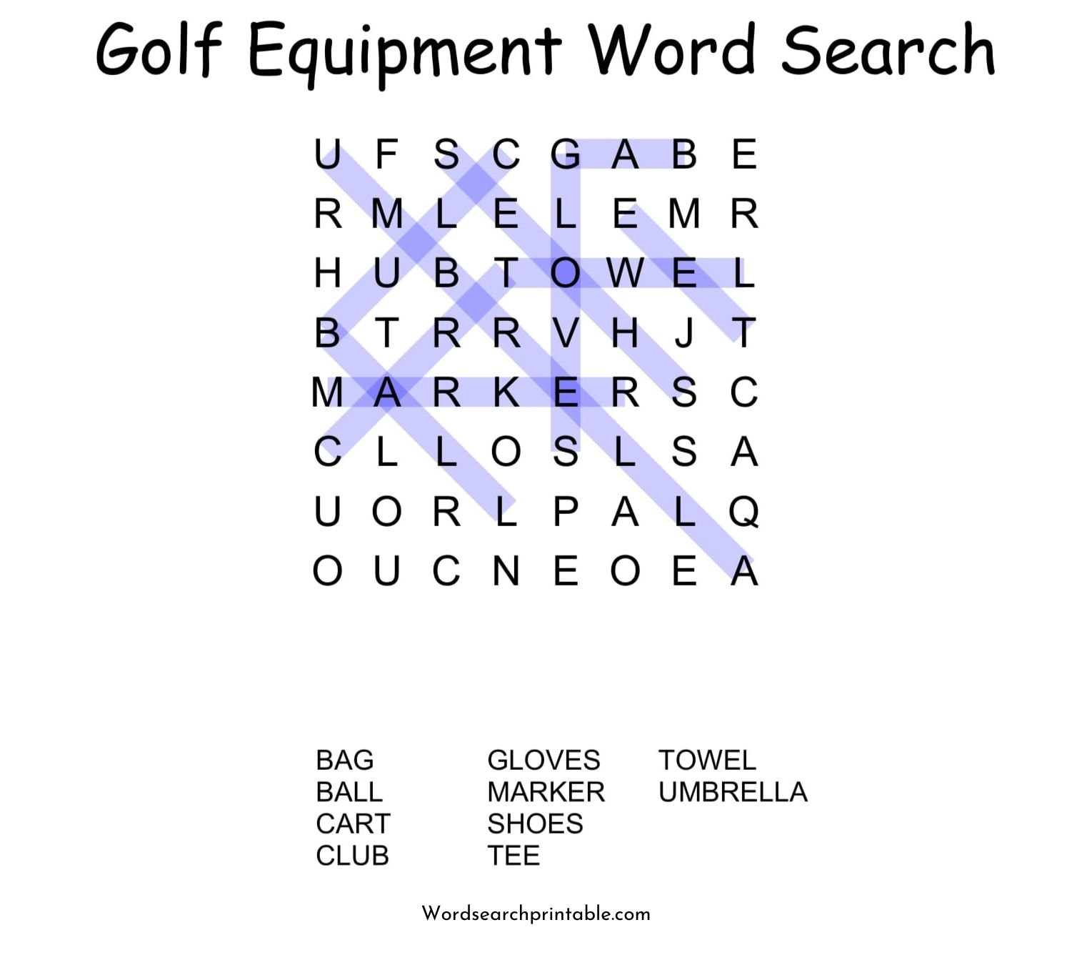 golf equipment word search puzzle solution