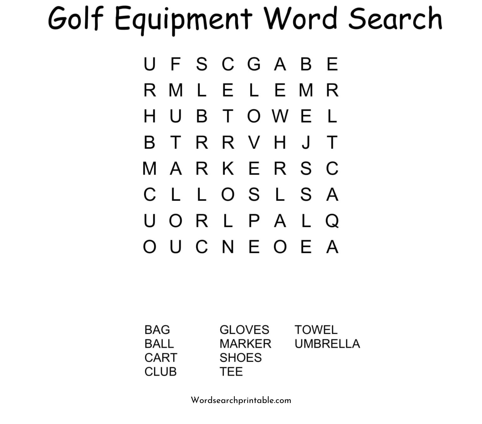 golf equipment word search puzzle