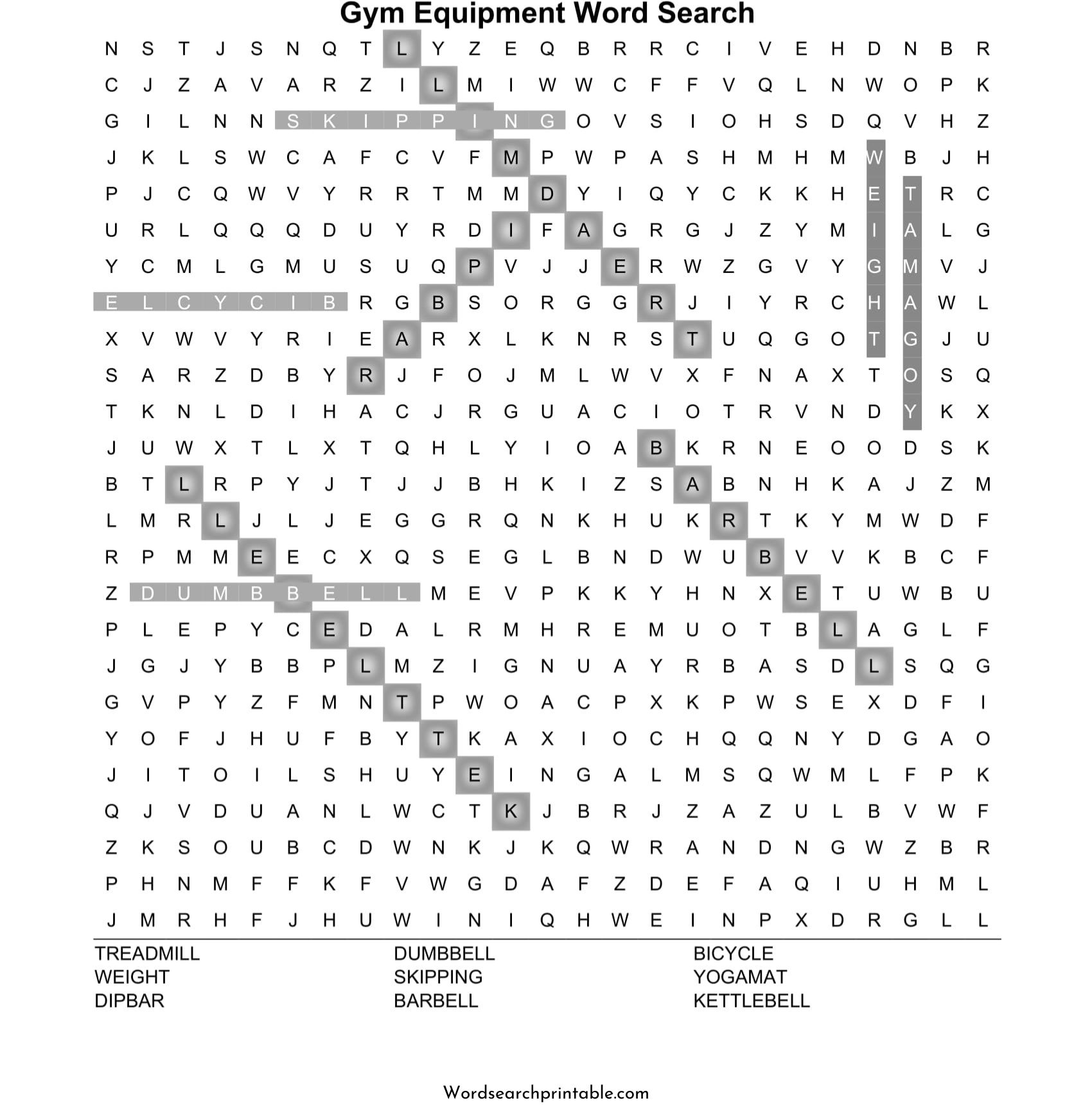 gym equipment word search puzzle solution