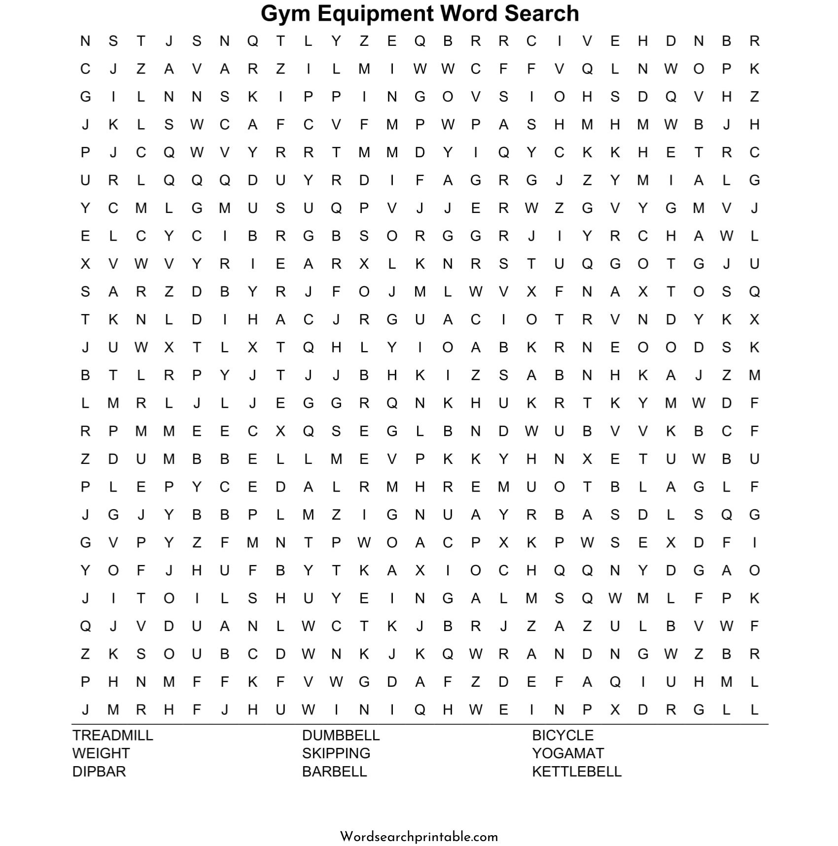 gym equipment word search puzzle