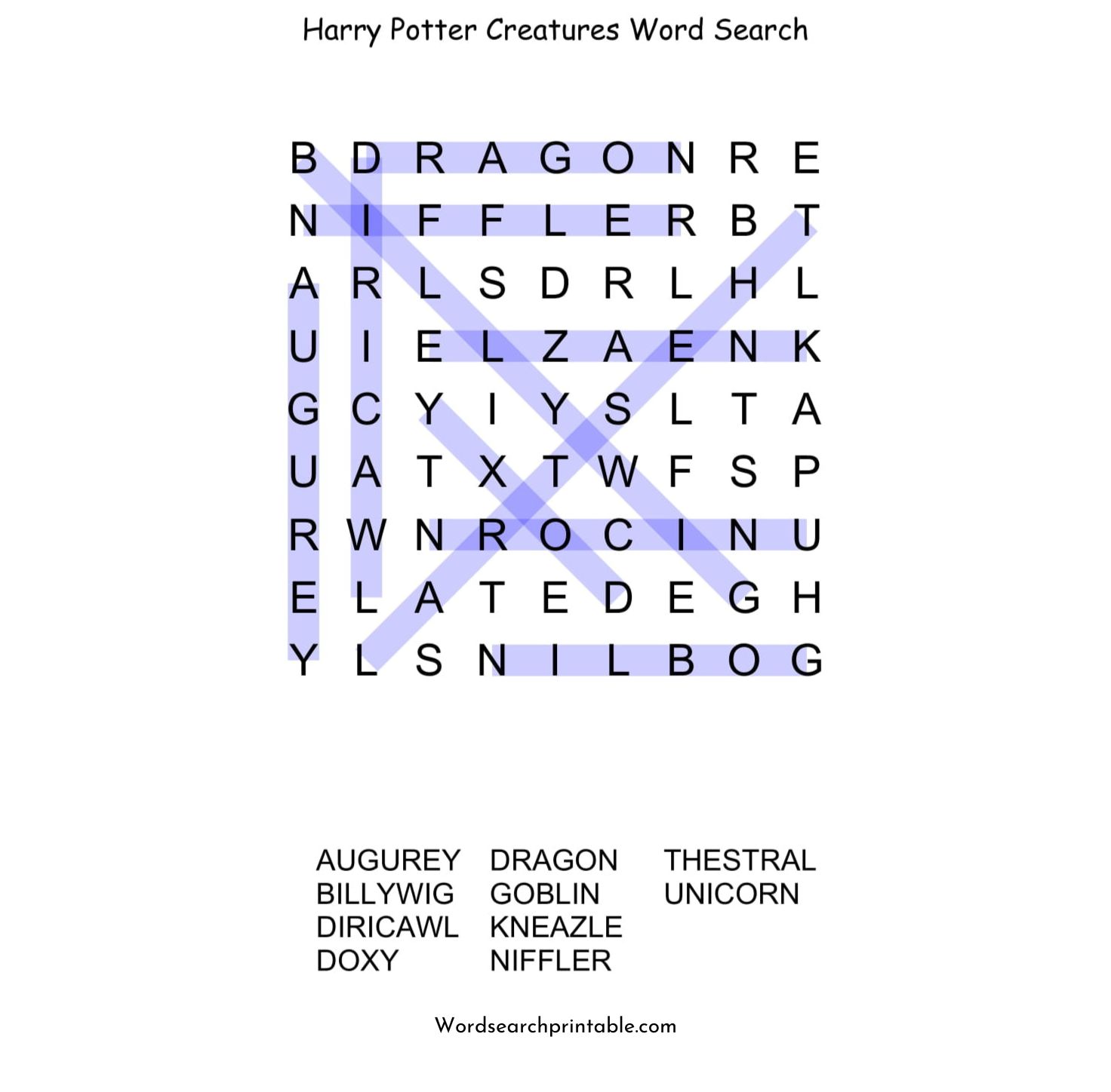 harry potter creatures word search puzzle solution