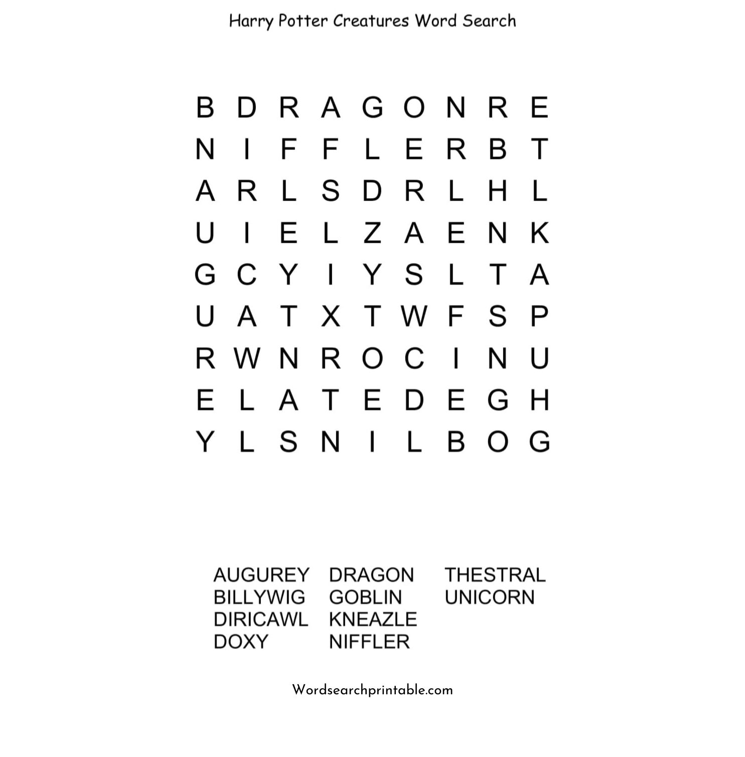 harry potter creatures word search puzzle