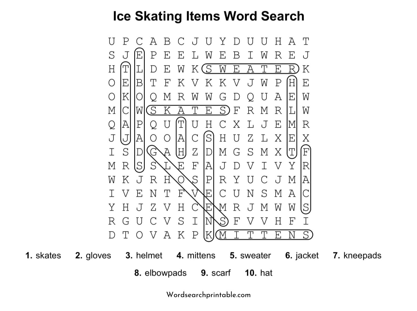 ice skating items word search puzzle solution