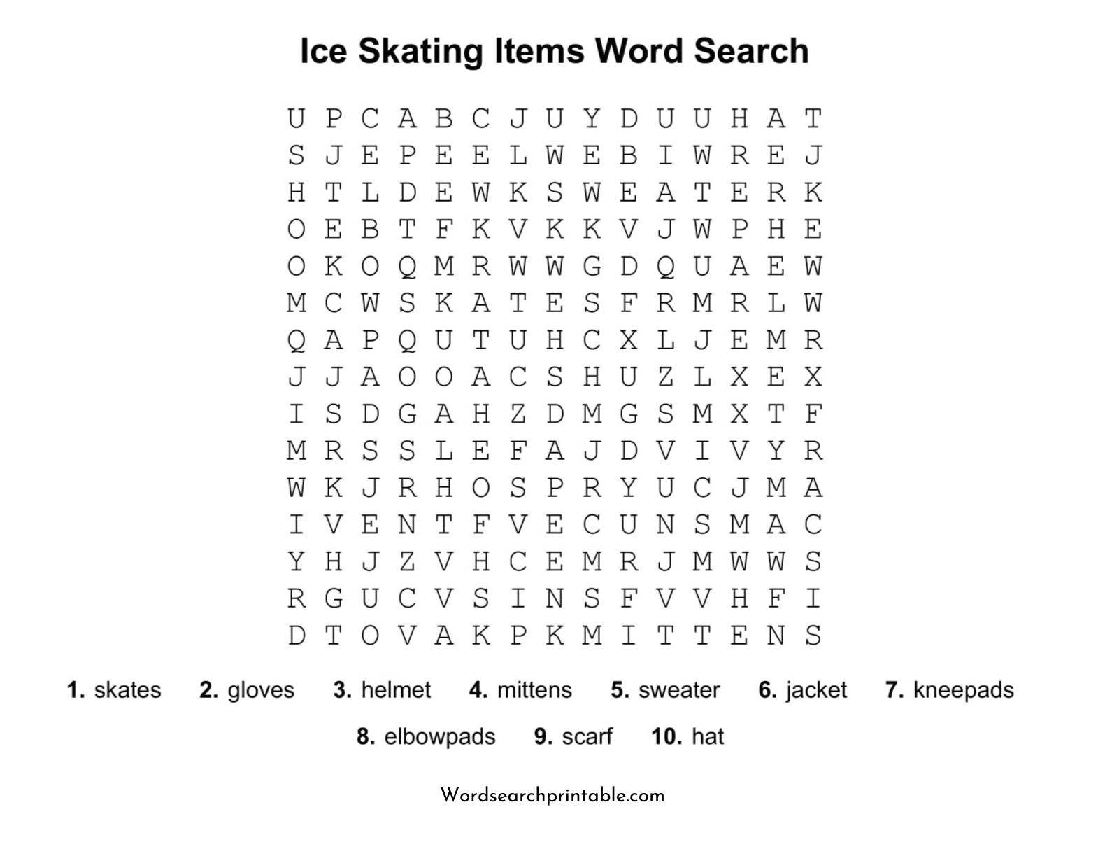 ice skating items word search puzzle