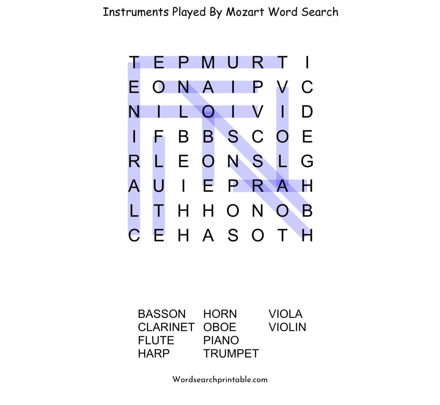 instruments played by mozart word search puzzle solution