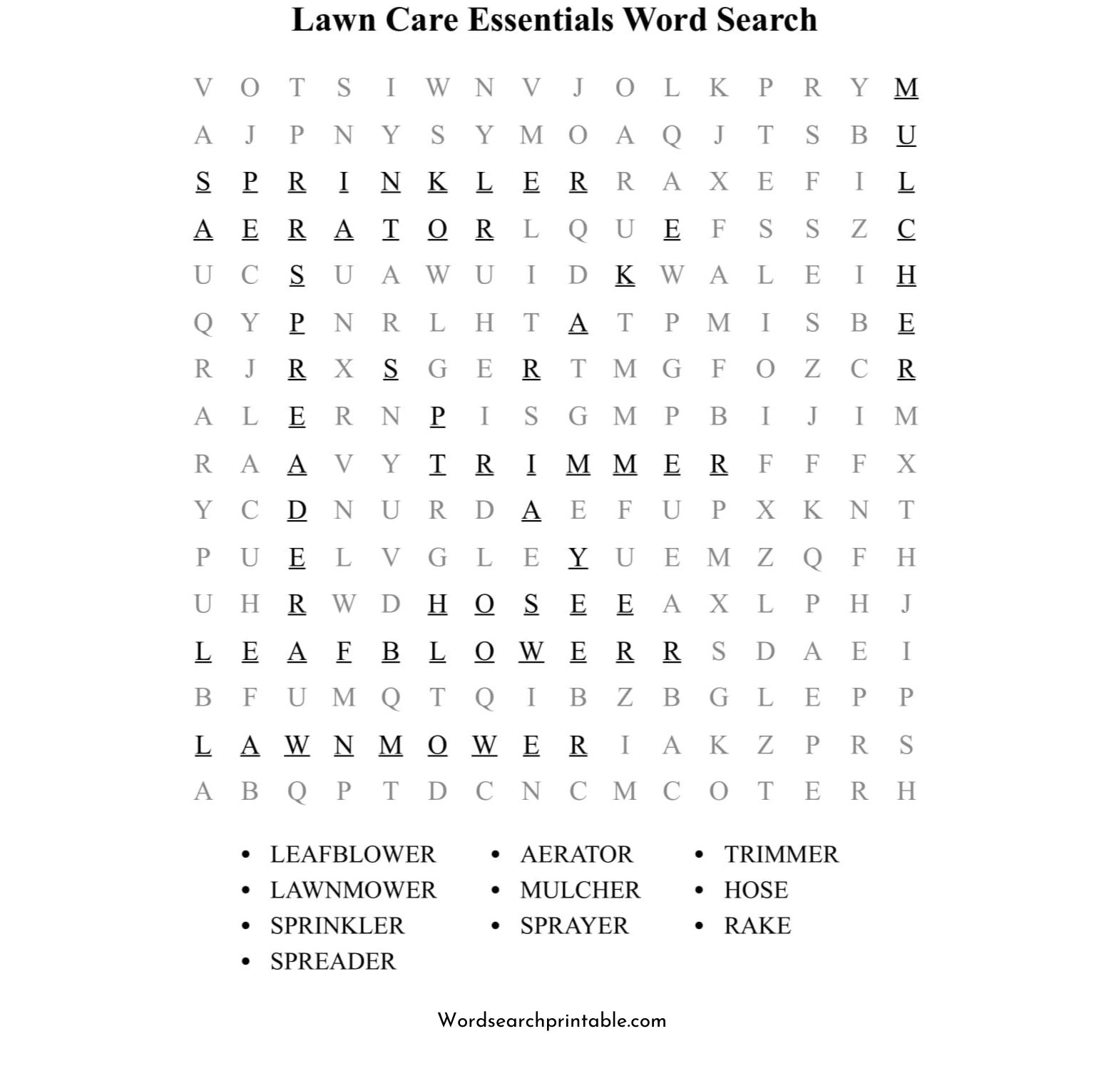 lawn care essentials word search puzzle solution