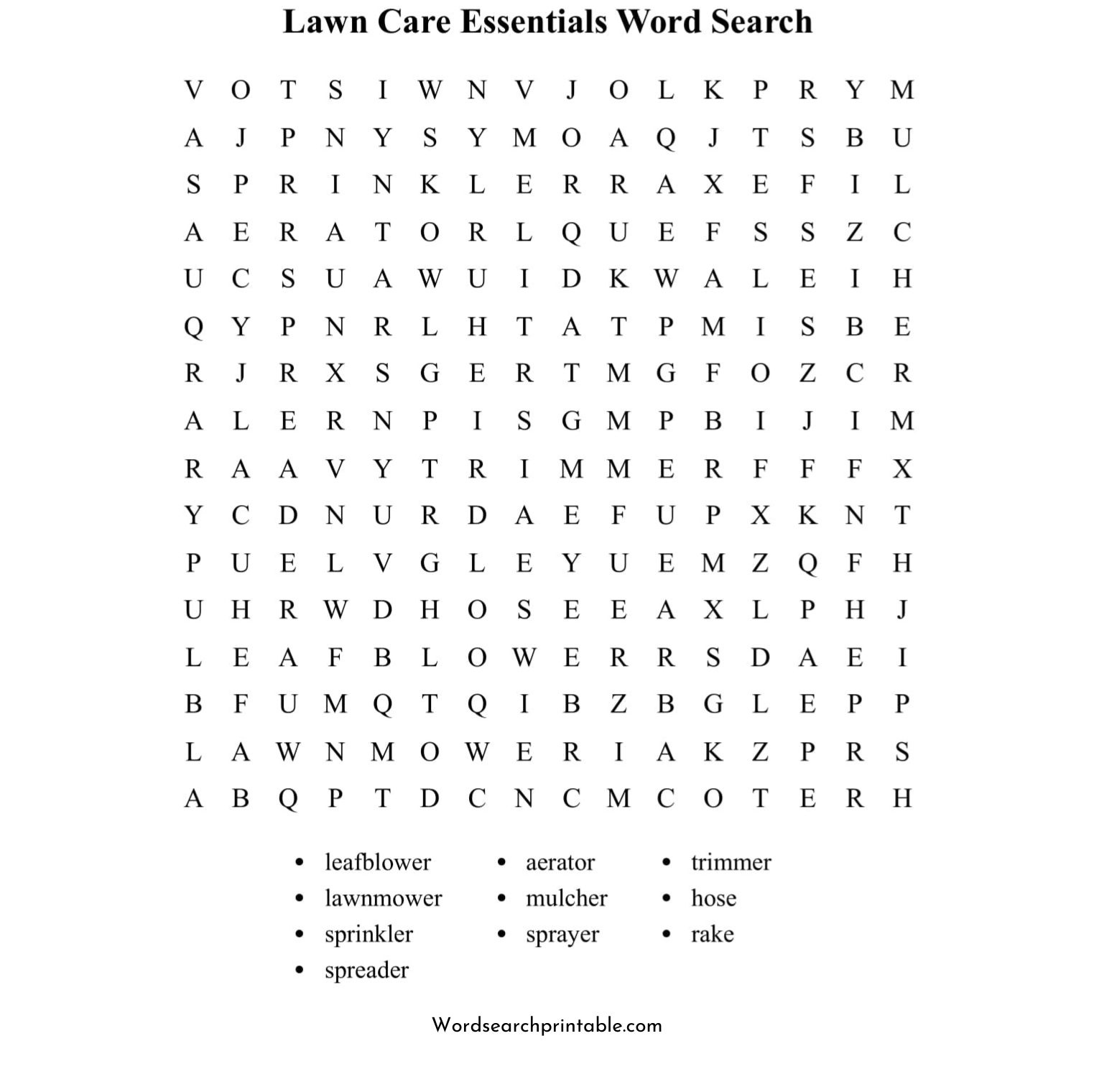 lawn care essentials word search puzzle