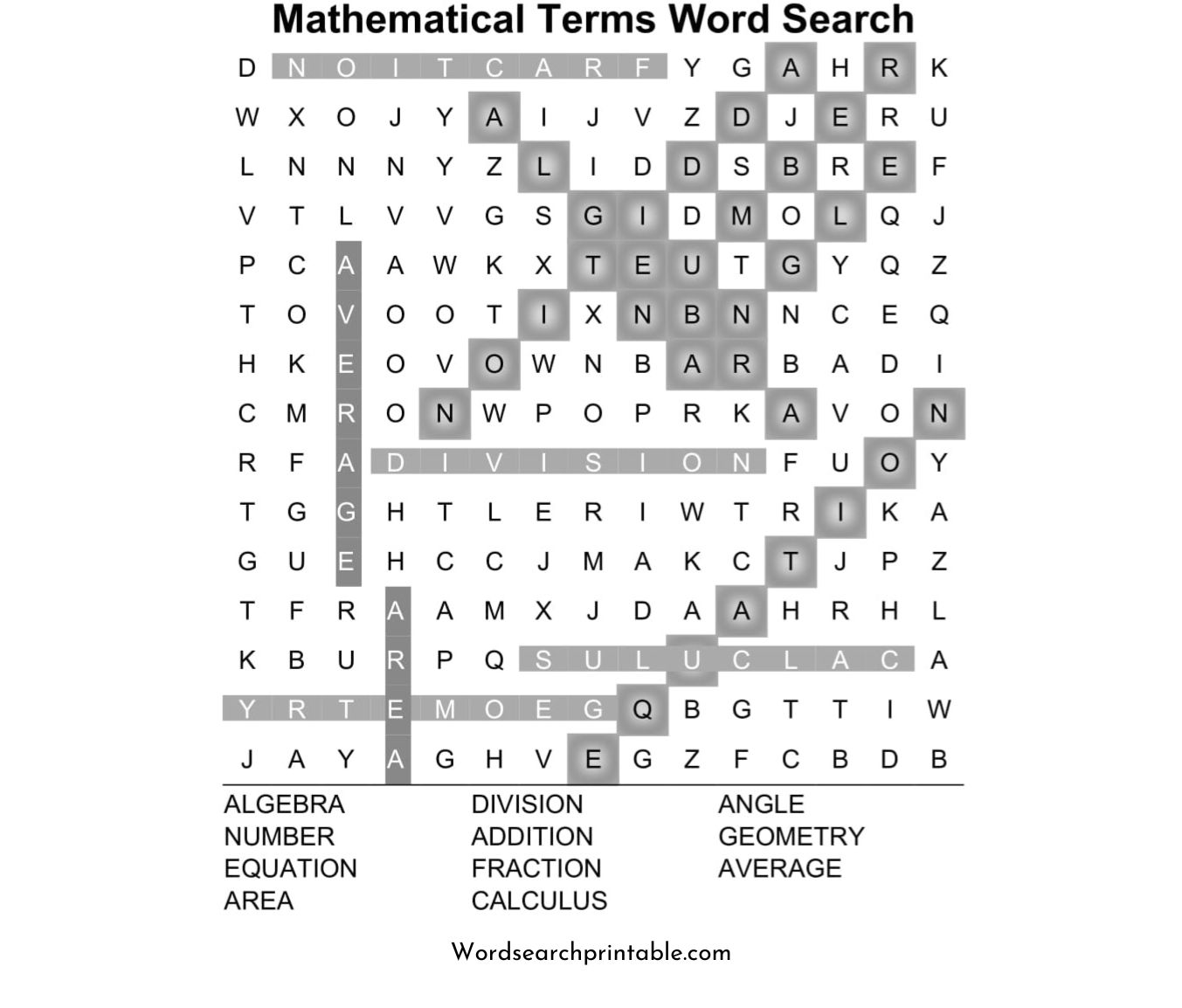 mathematical terms word search puzzle solution