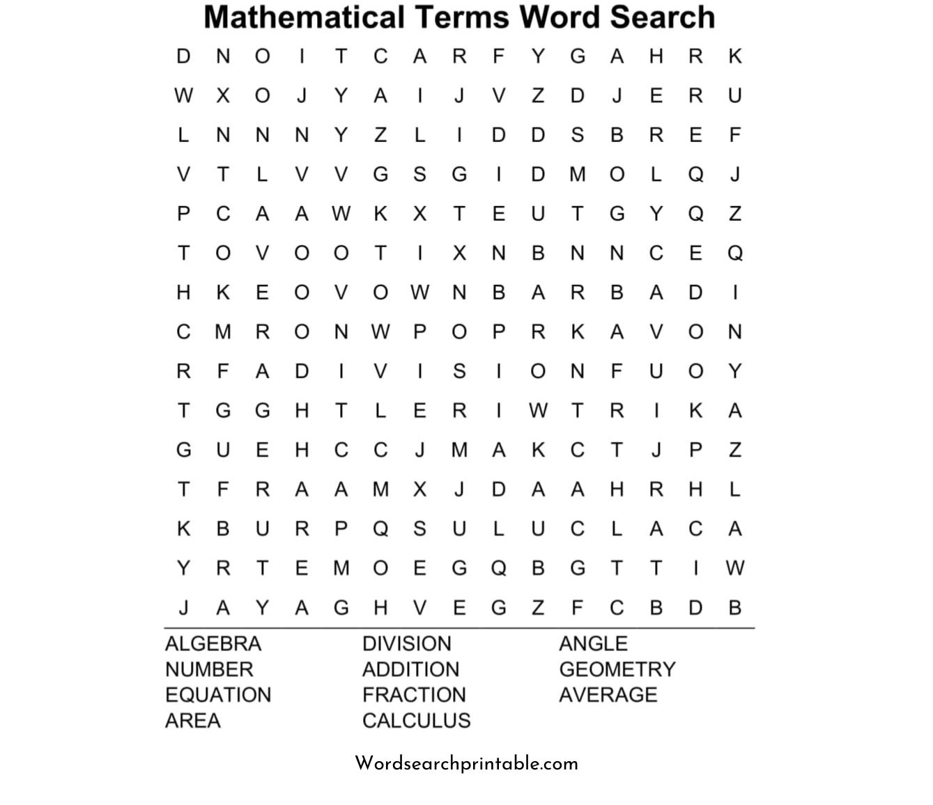 mathematical terms word search puzzle solution