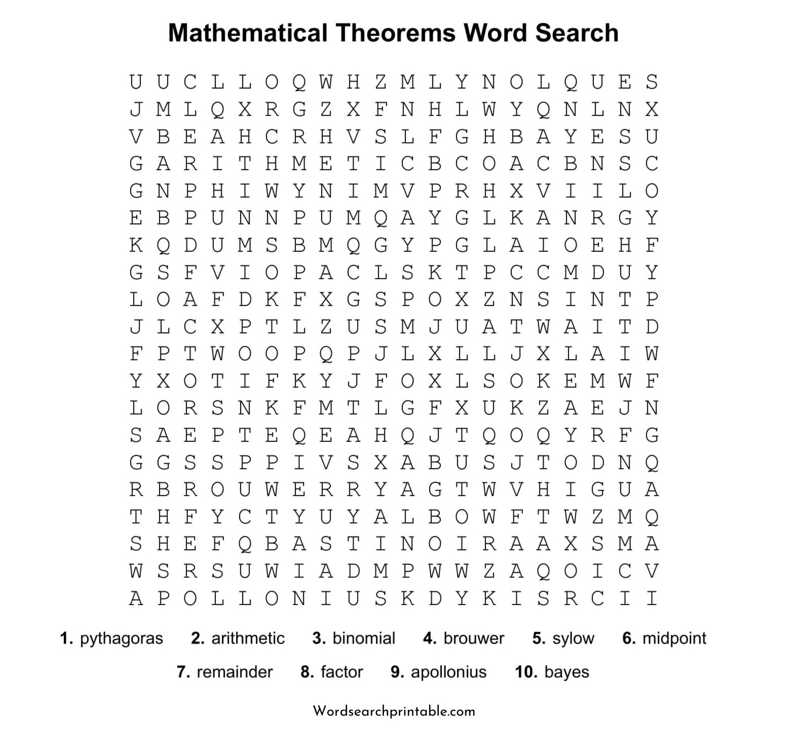 mathematical theorems word search puzzle