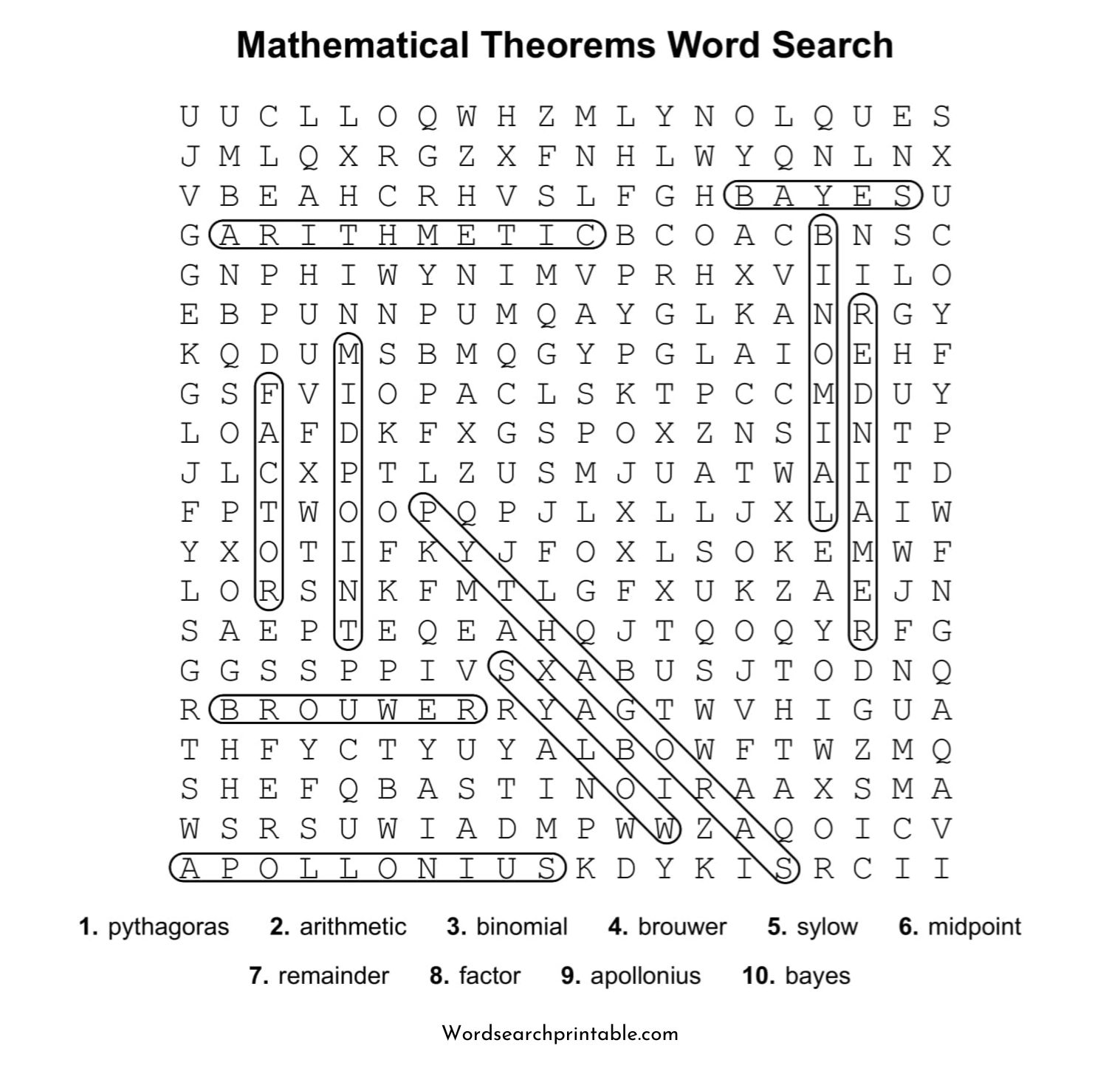mathematical theorems word search puzzle solution