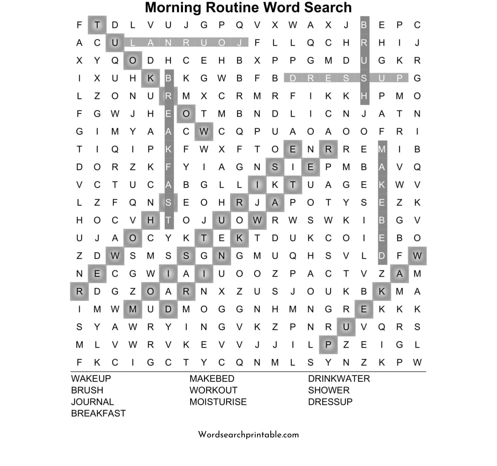 morning routine word search puzzle solution
