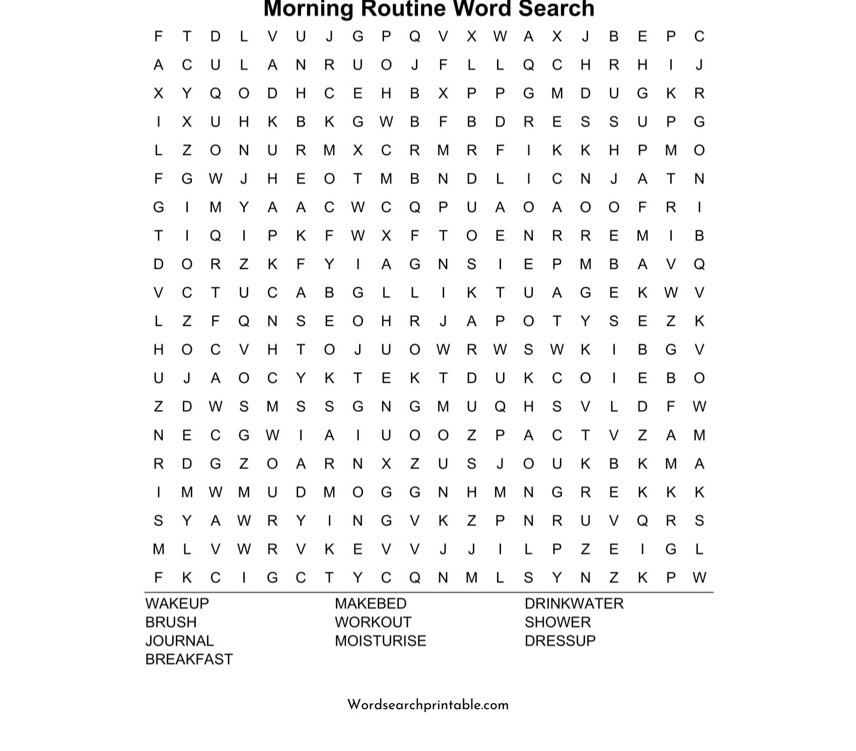 morning routine word search puzzle
