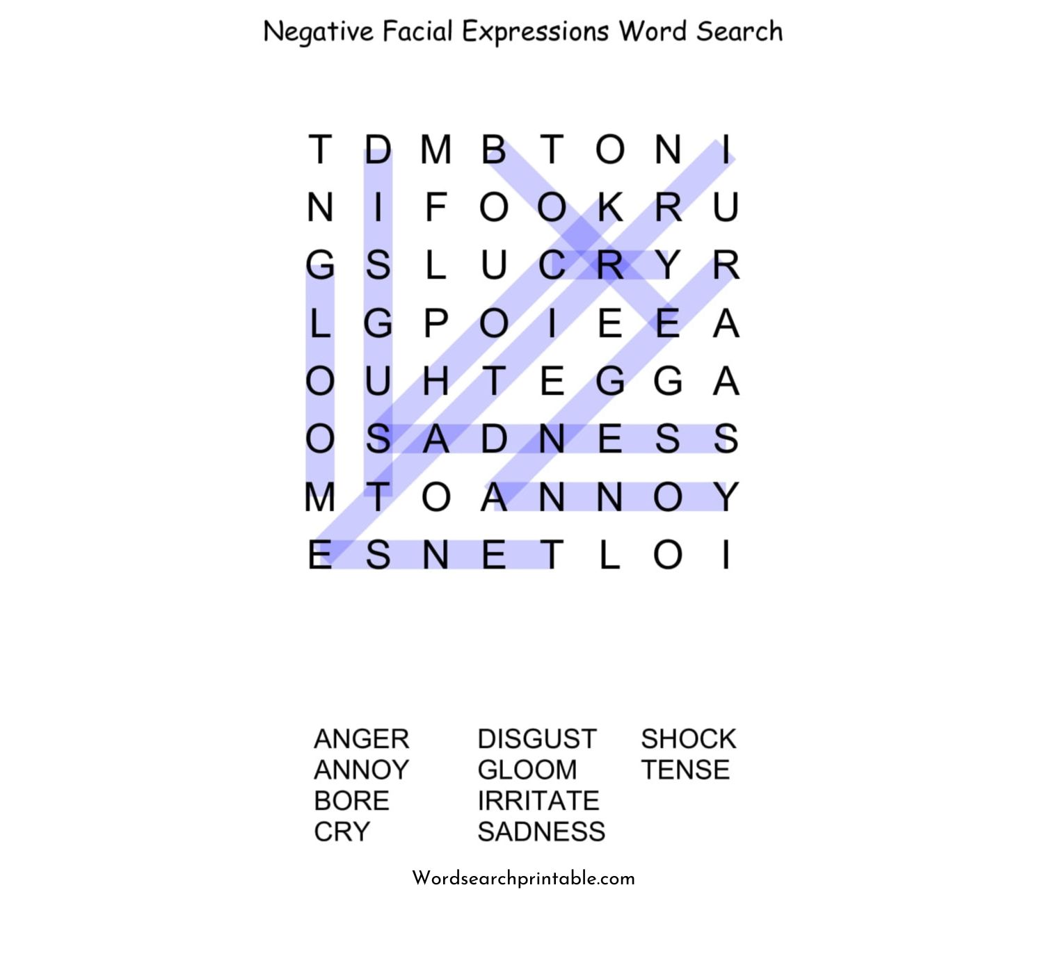 negative facial expressions word search puzzle solution