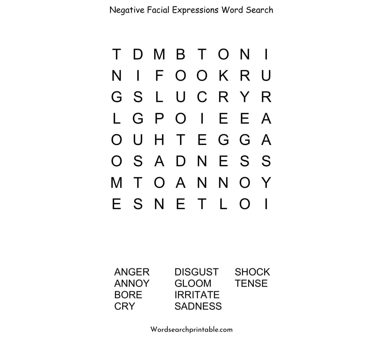 negative facial expressions word search puzzle