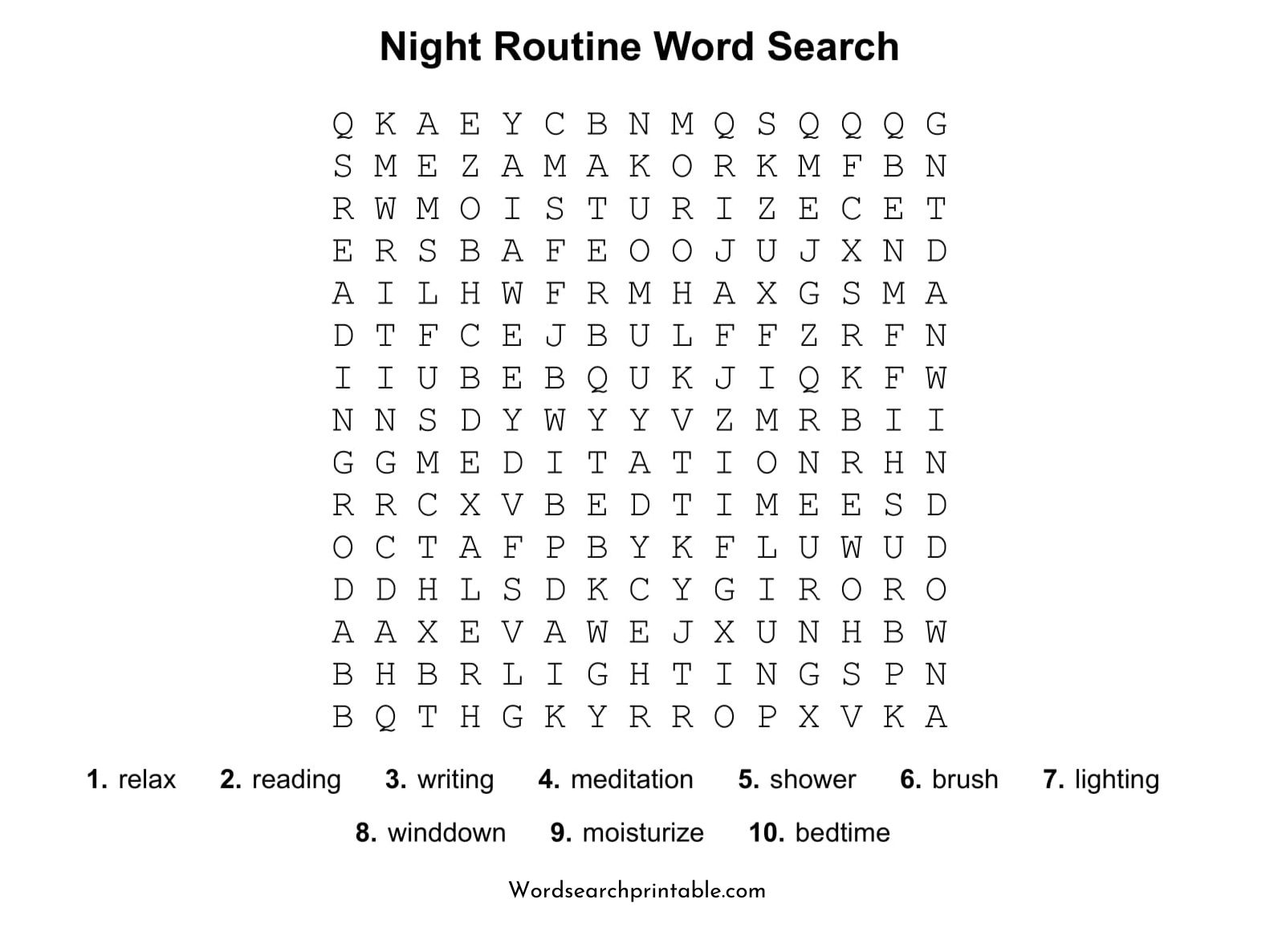 night routine word search puzzle
