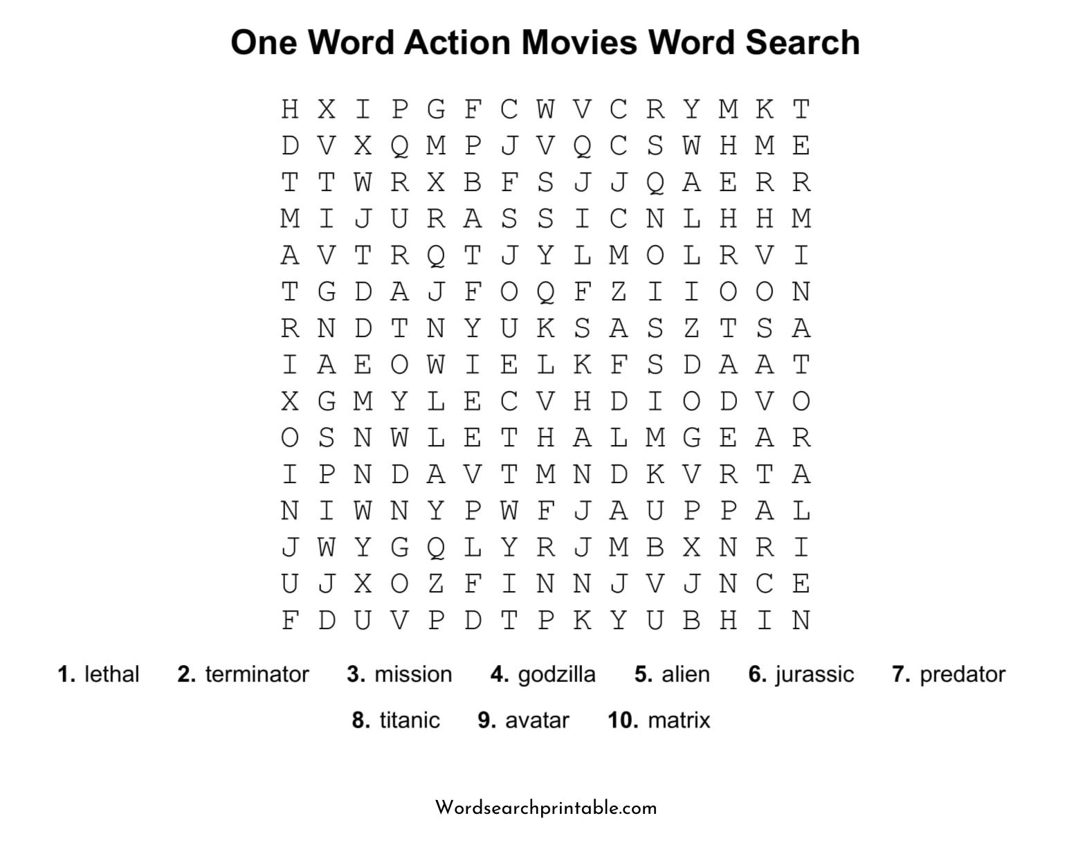 one word action movies word search puzzle