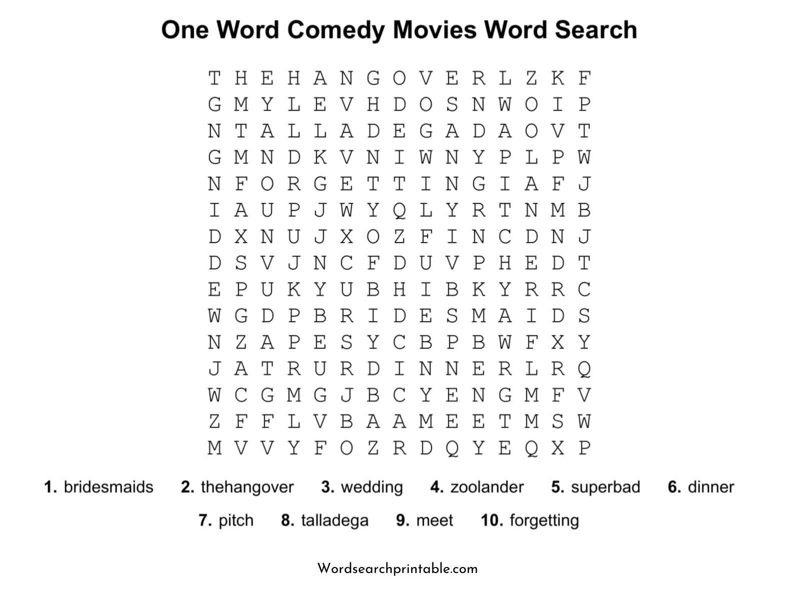 one word comedy movies word search puzzle