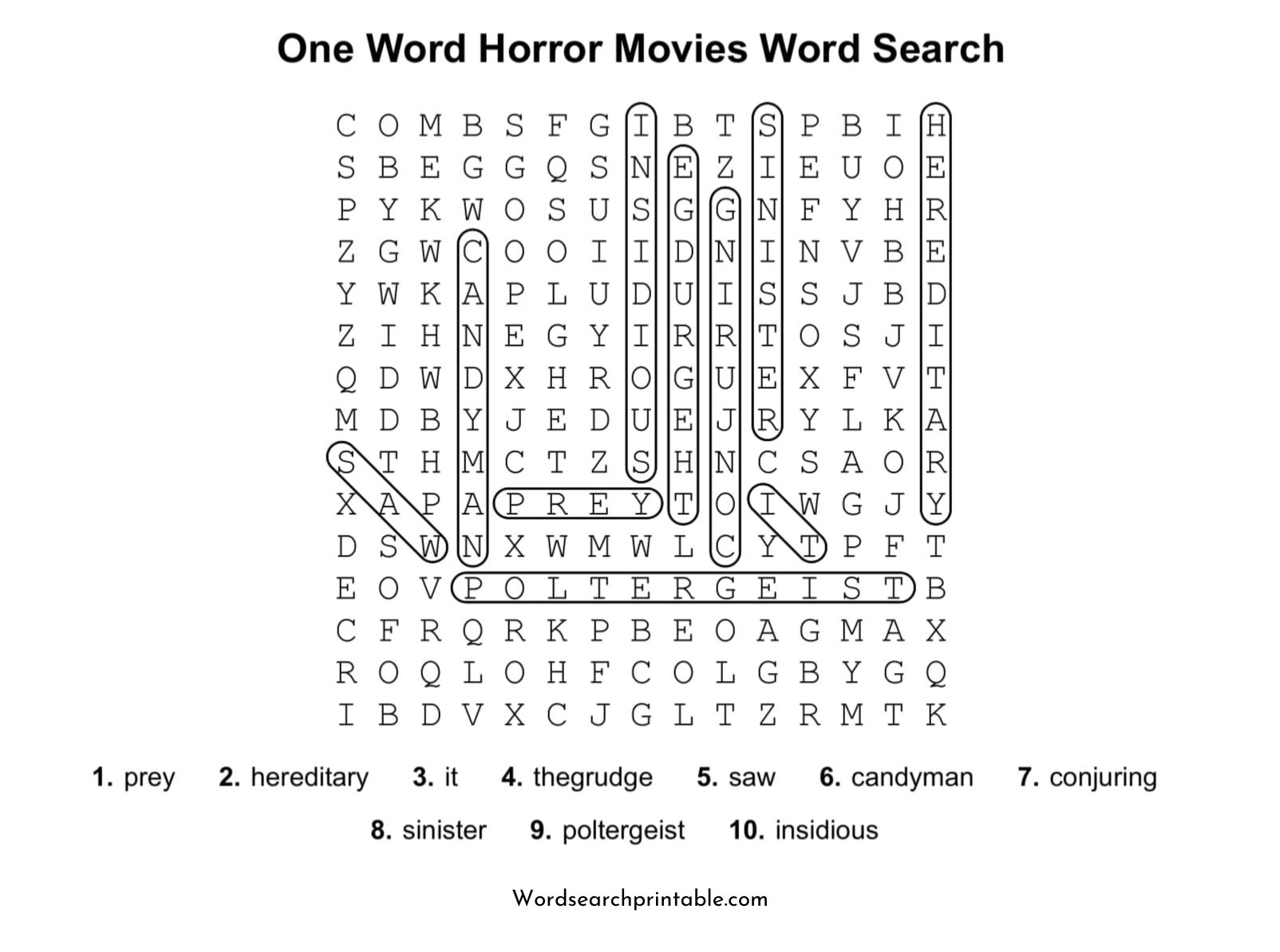 one word horror movies word search puzzle solution