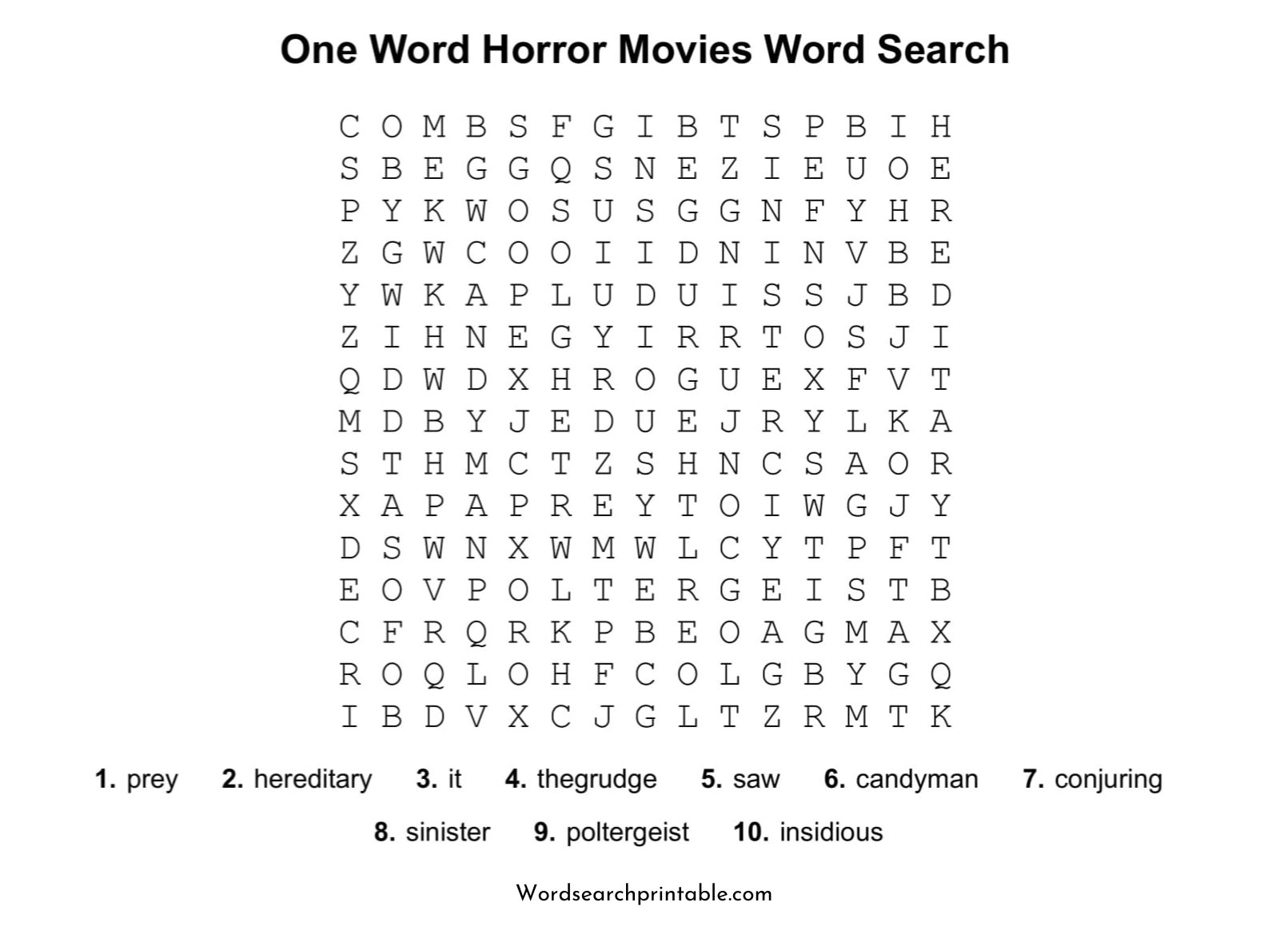 one word horror movies word search puzzle