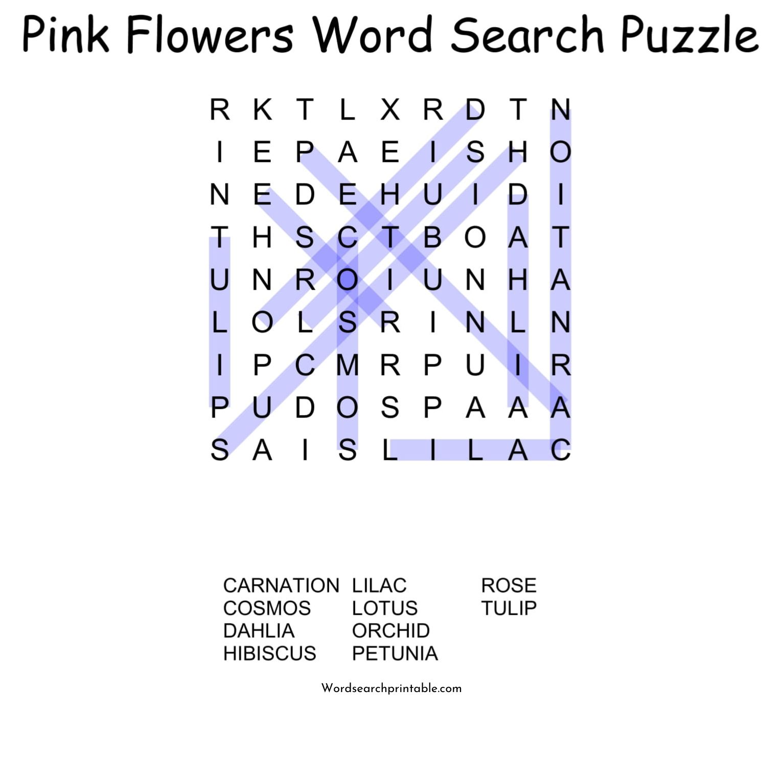 pink flowers word search puzzle solution