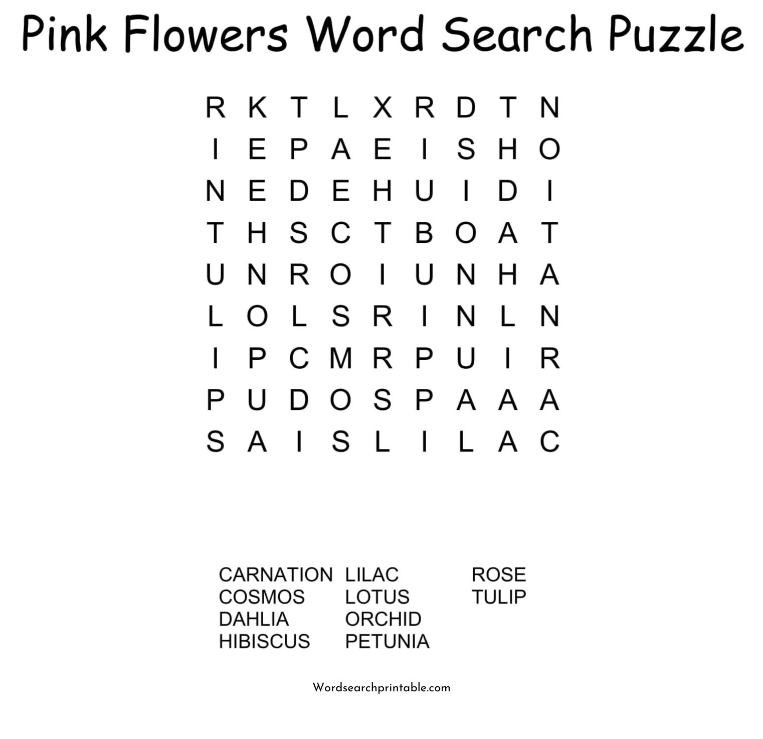 pink flowers word search puzzle