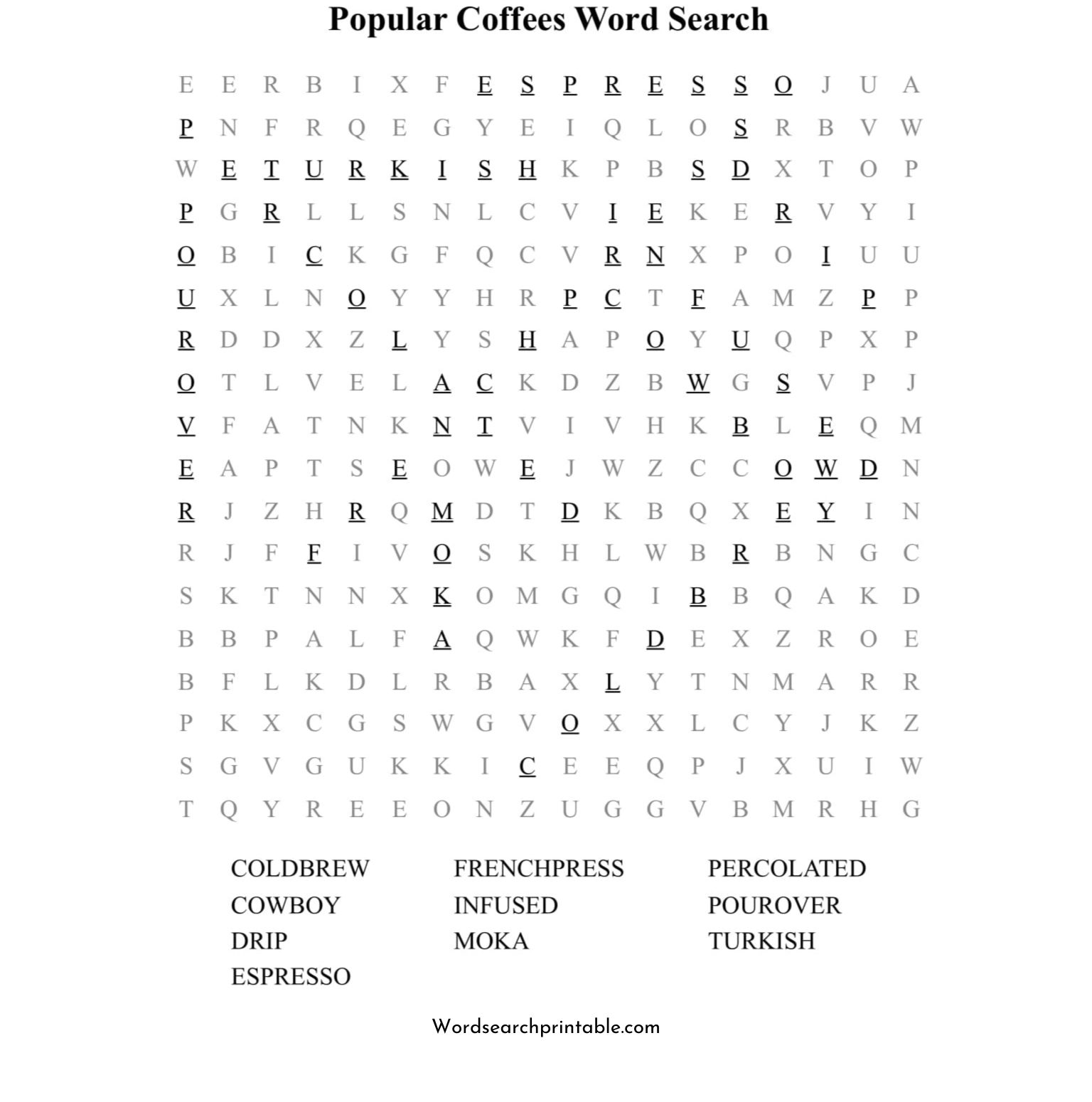 popular coffees word search puzzle solution