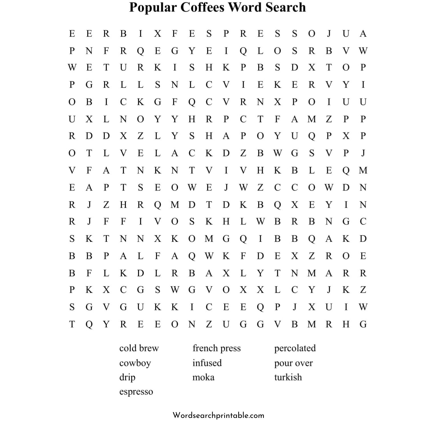 popular coffees word search puzzle
