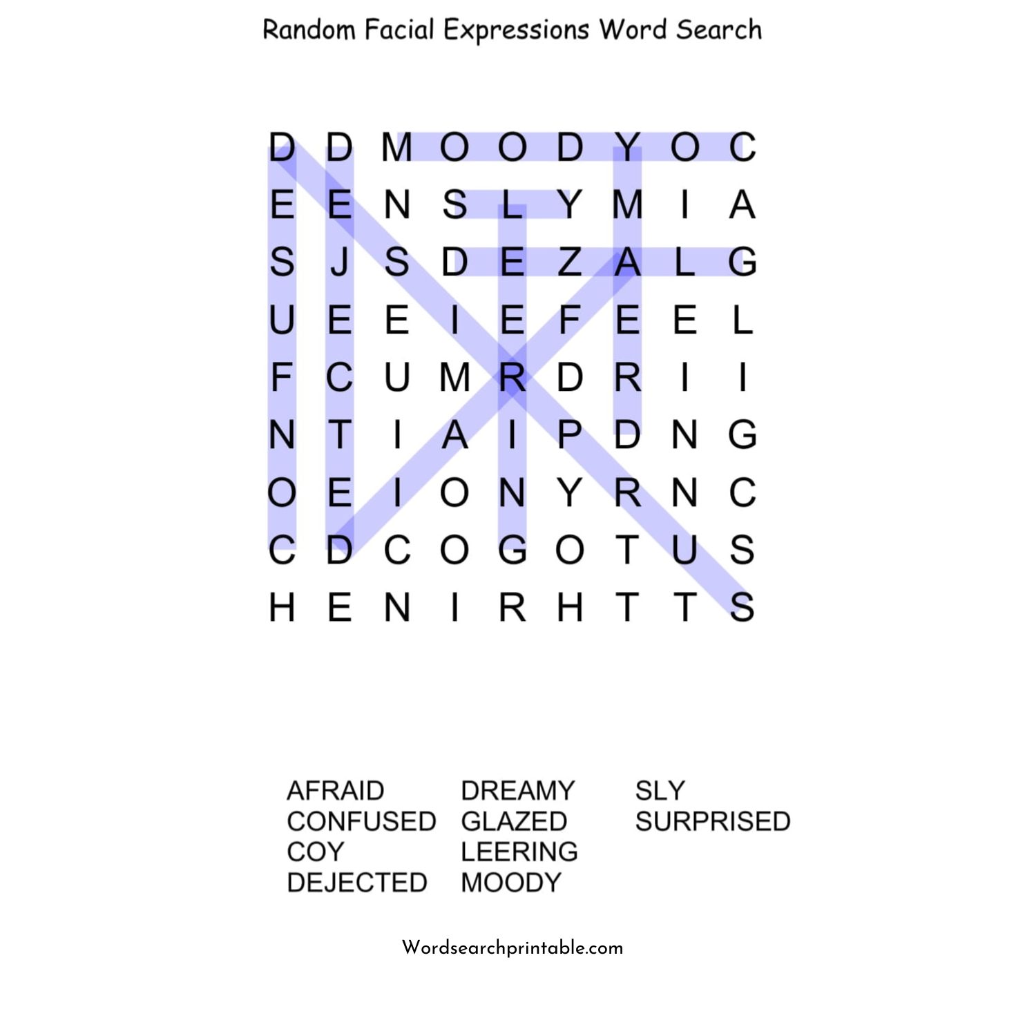 random facial expressions word search puzzle solution