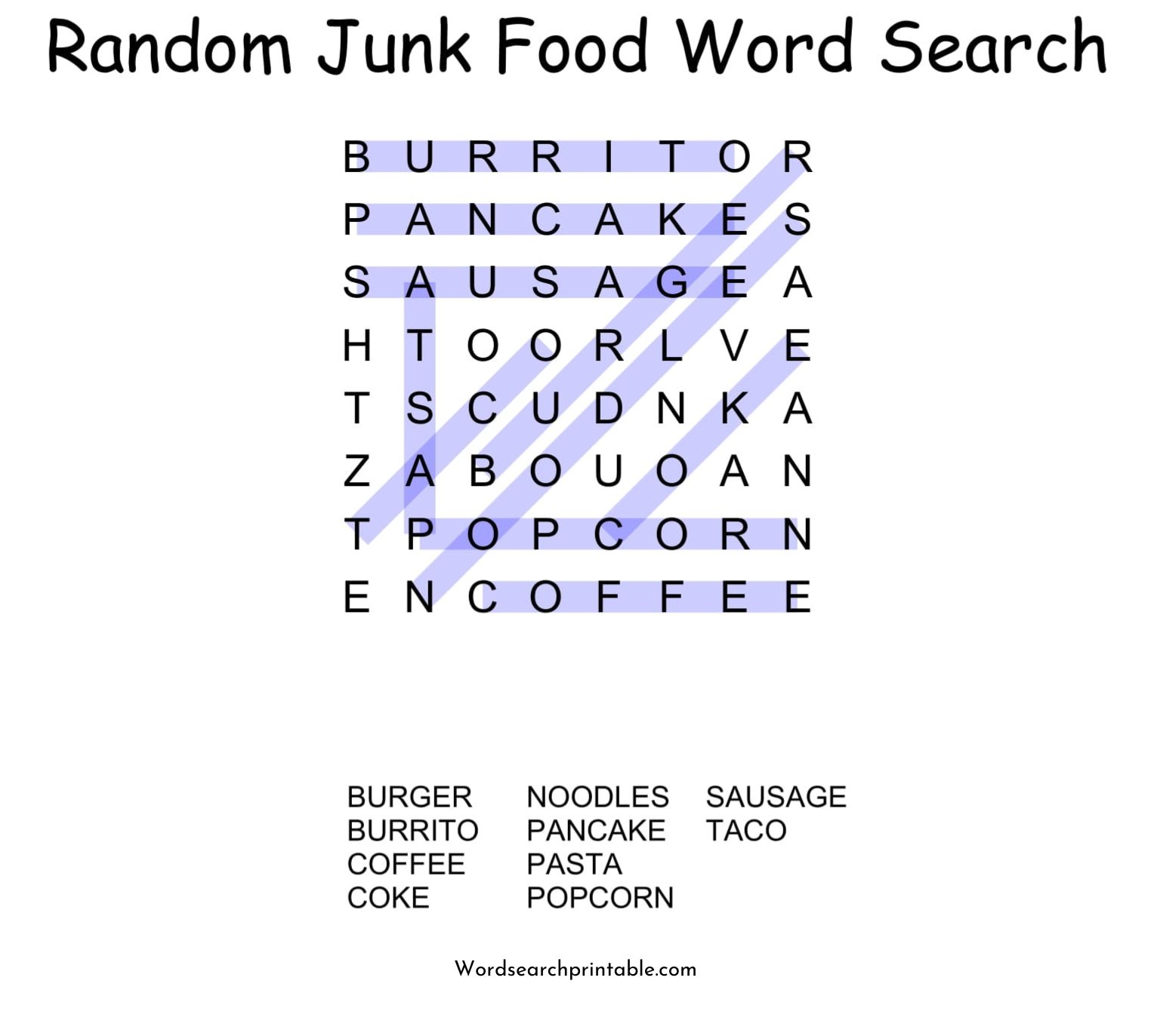 random junk food word search puzzle solution