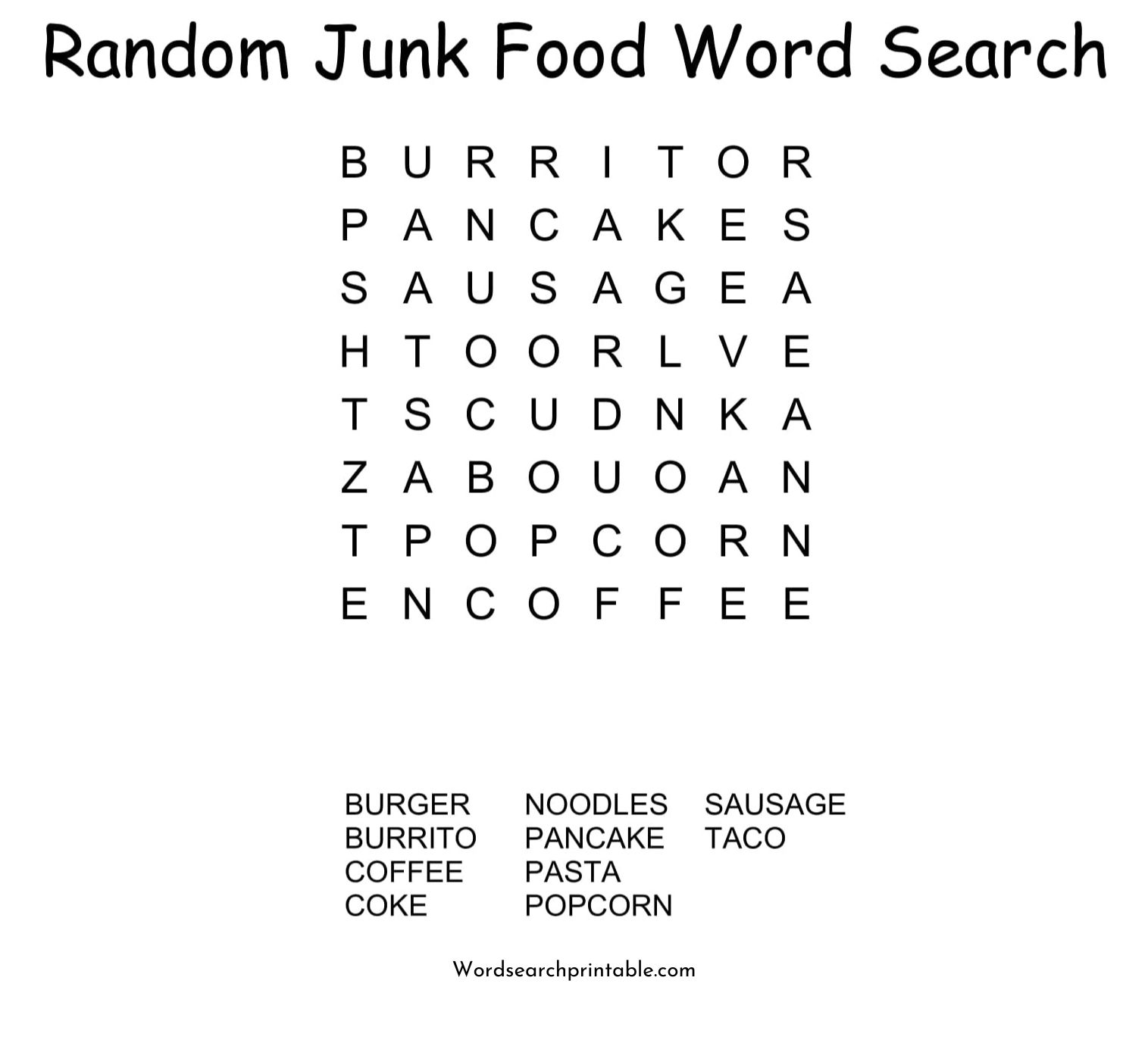 random junk food word search puzzle