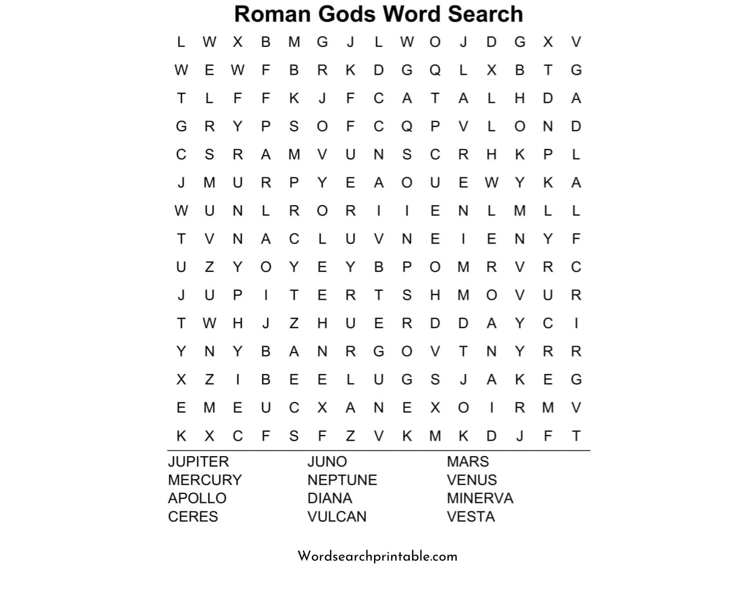 roman gods word search puzzle