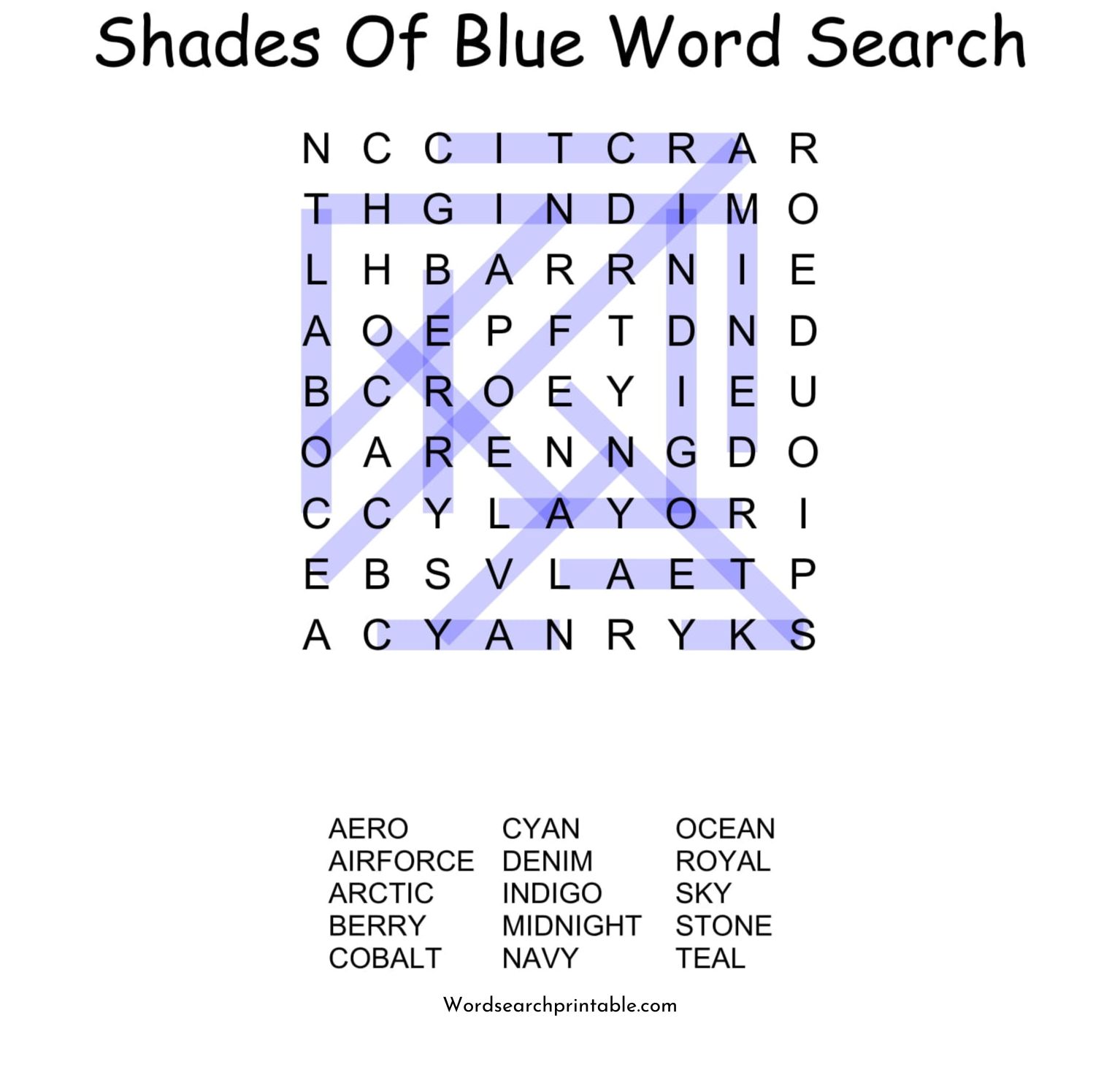 shades of blue word search puzzle solution