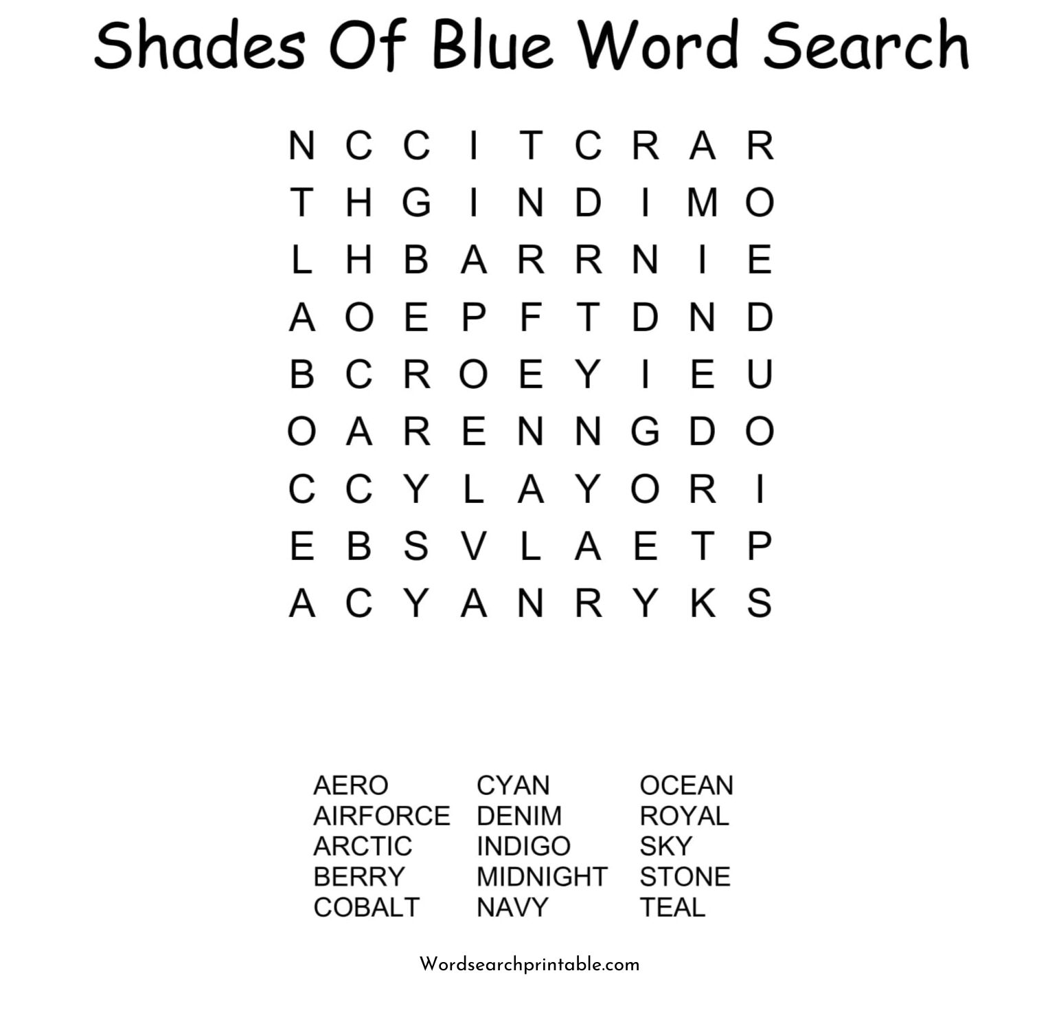 shades of blue word search puzzle