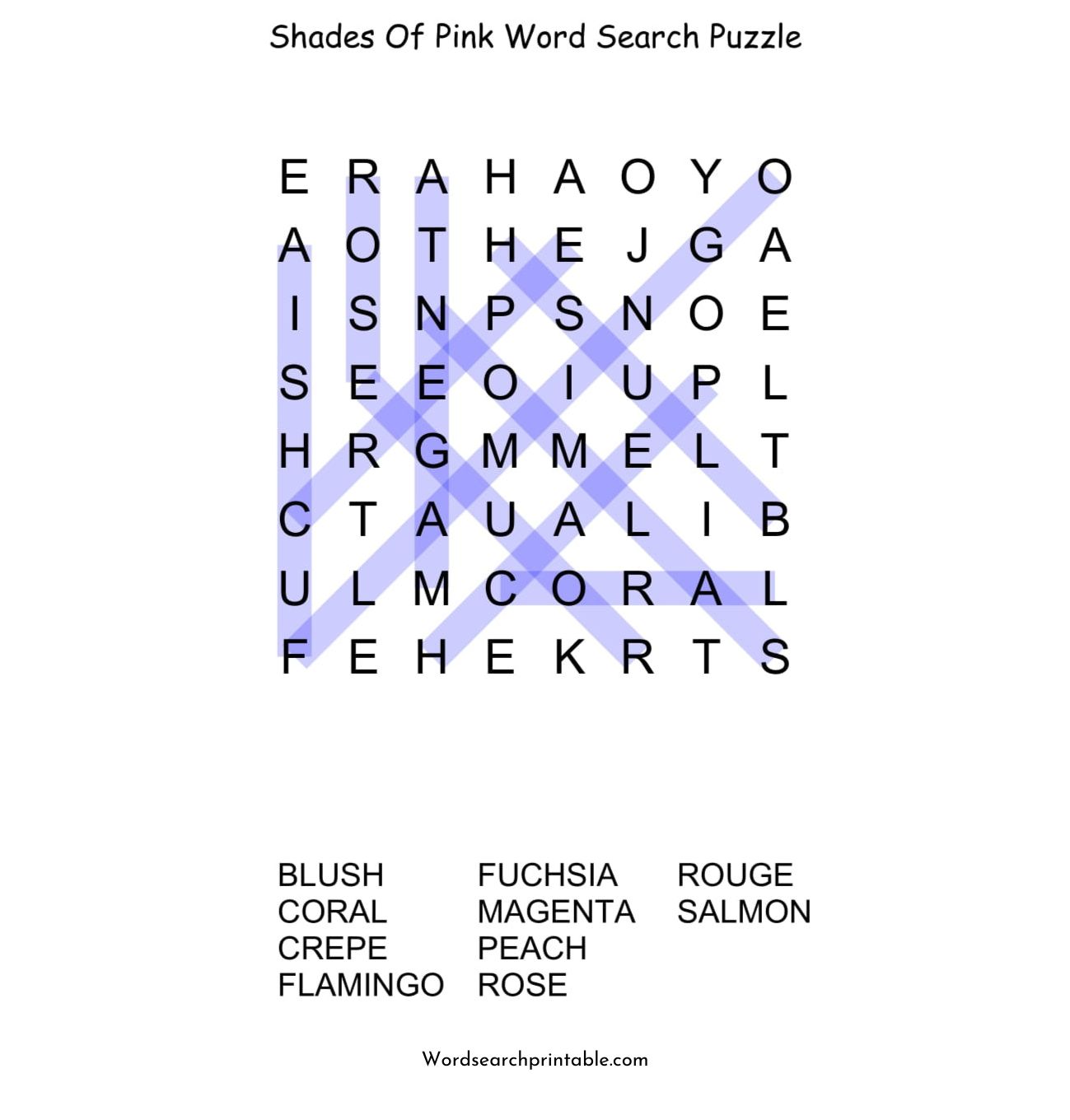 shades of pink word search puzzle solution