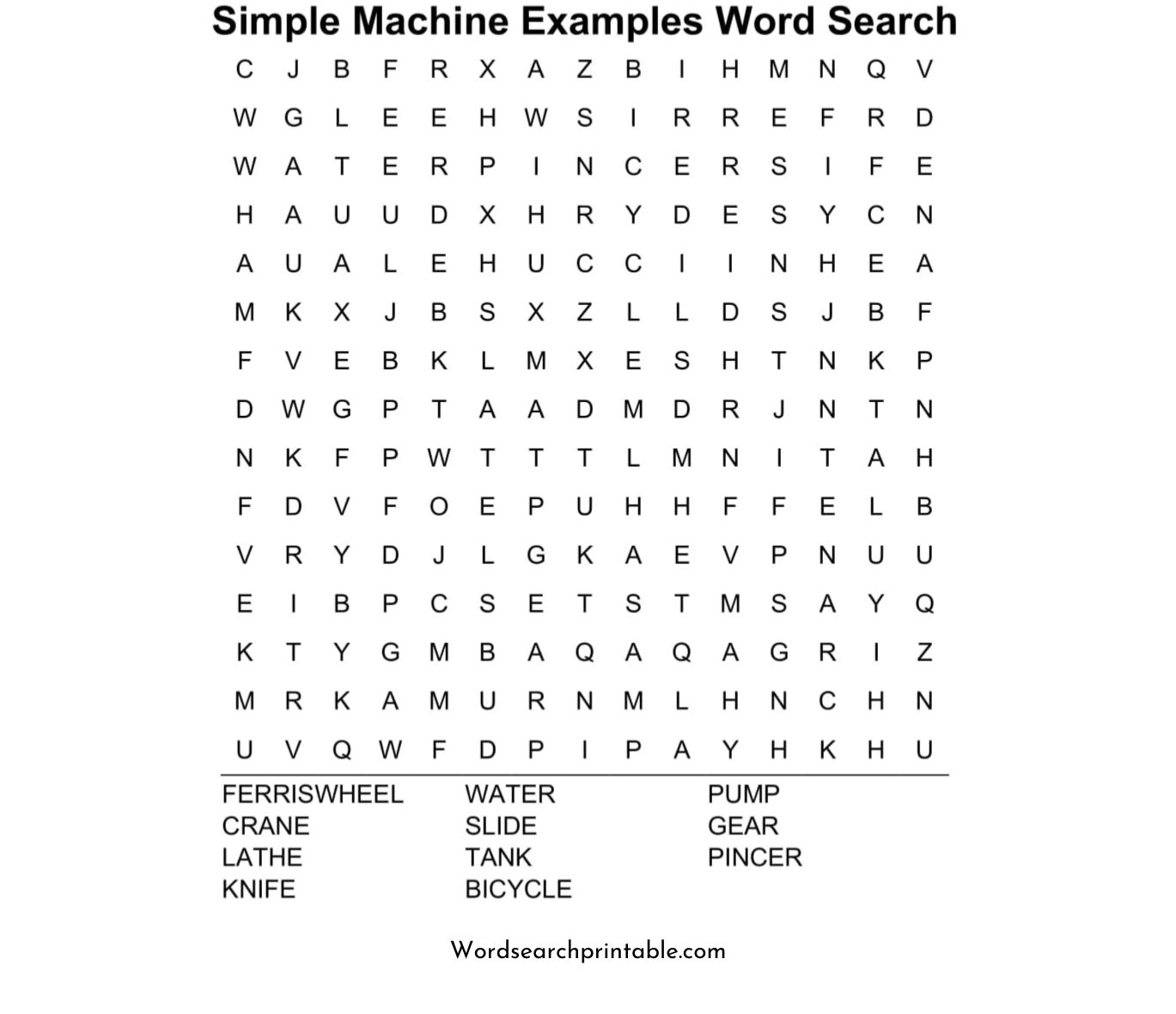 simple machine examples word search puzzle