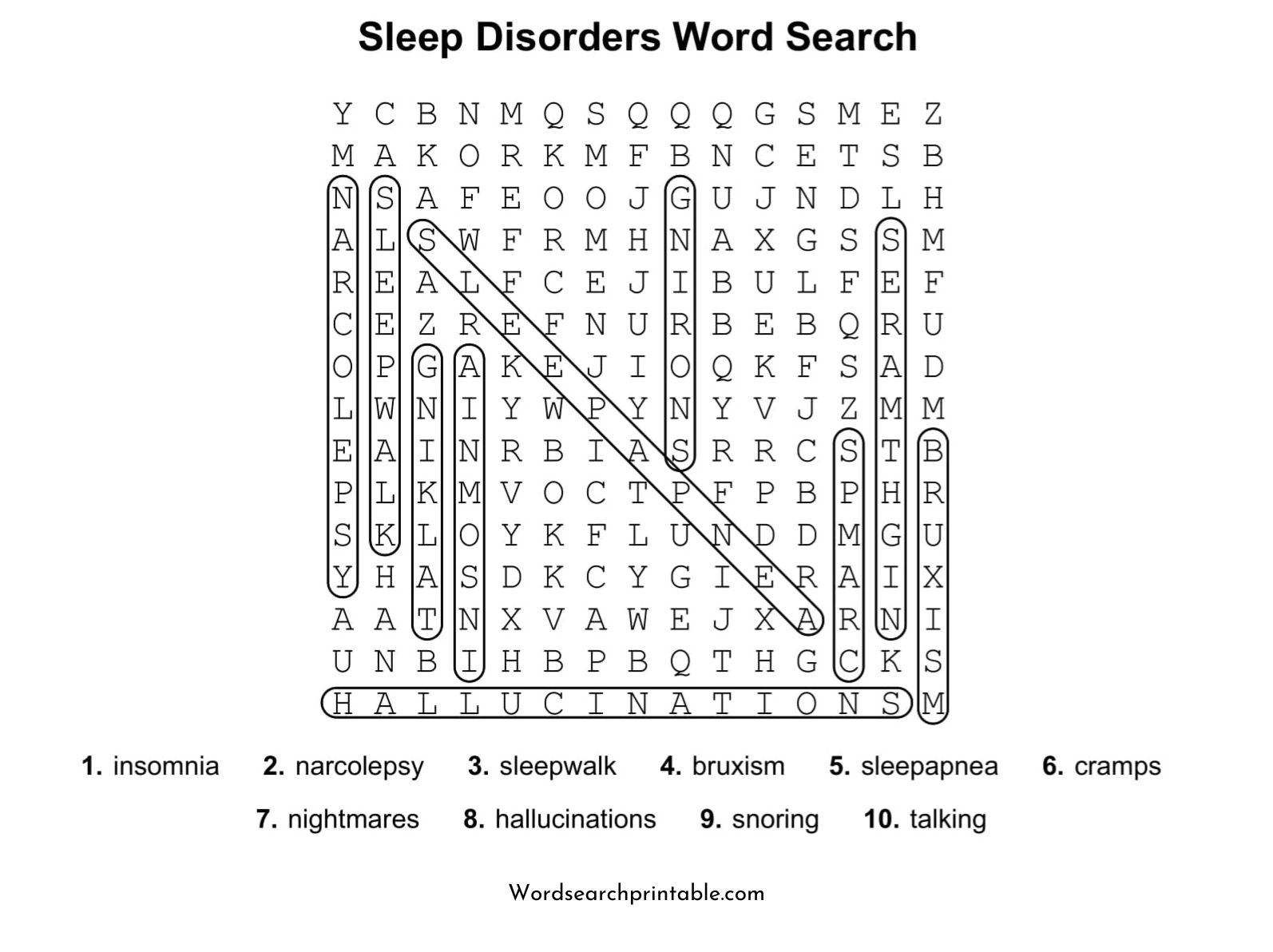 sleep disorders word search puzzle solution