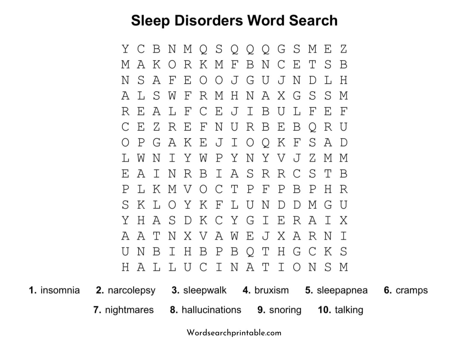 sleep disorders word search puzzle