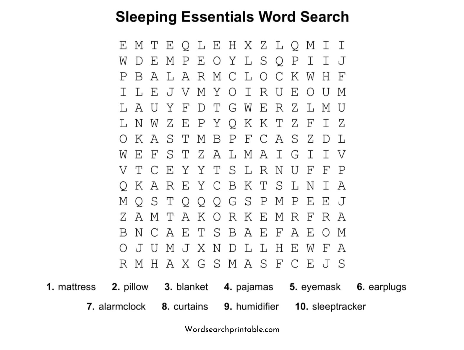 sleeping essentials word search puzzle