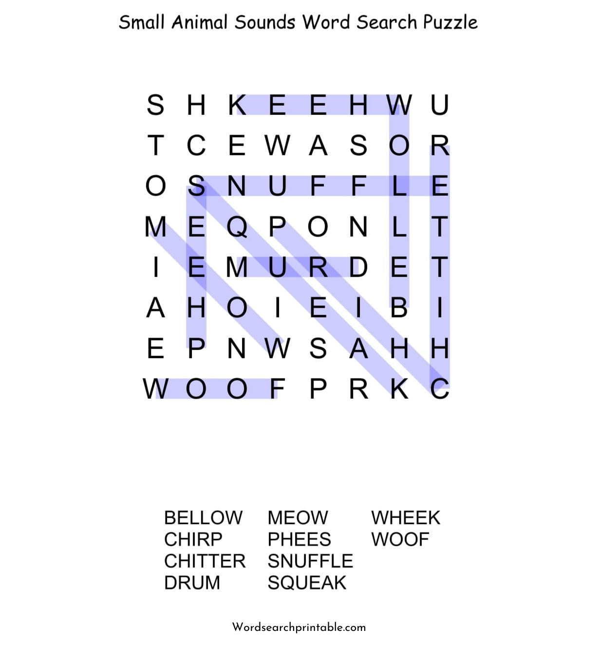 small animal sounds word search puzzle