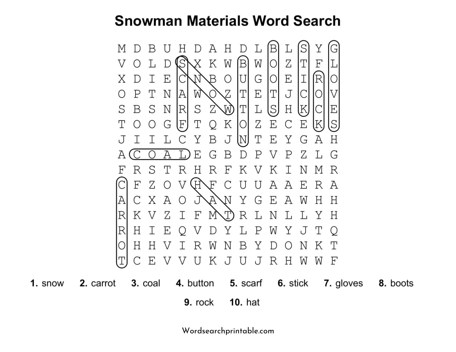 snowman materials word search puzzle solution