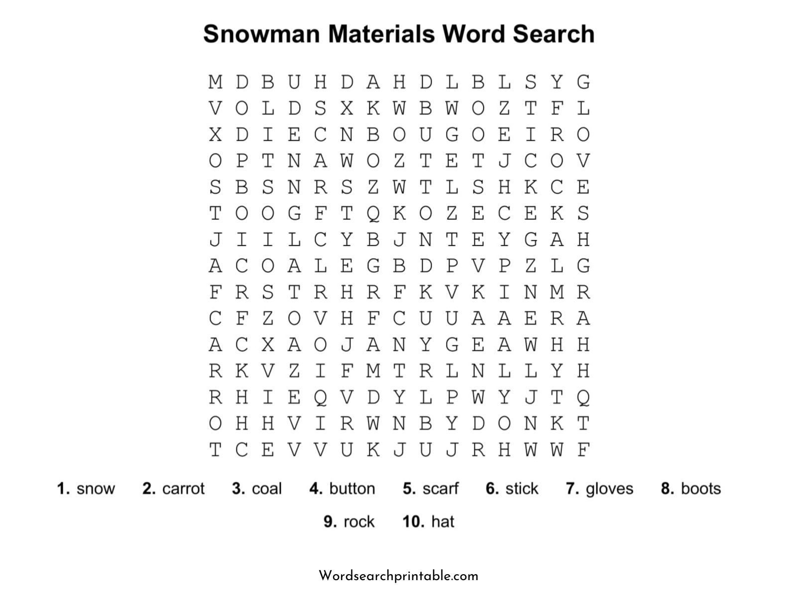 snowman materials word search puzzle
