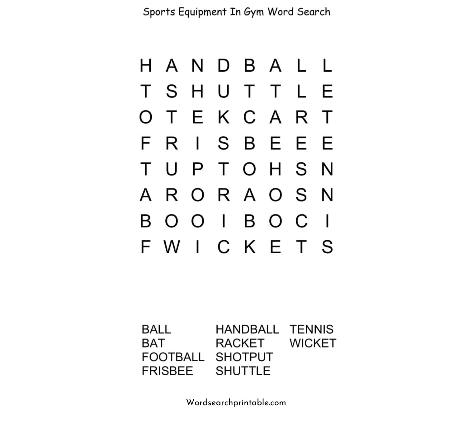 sports equipment in gym word search puzzle