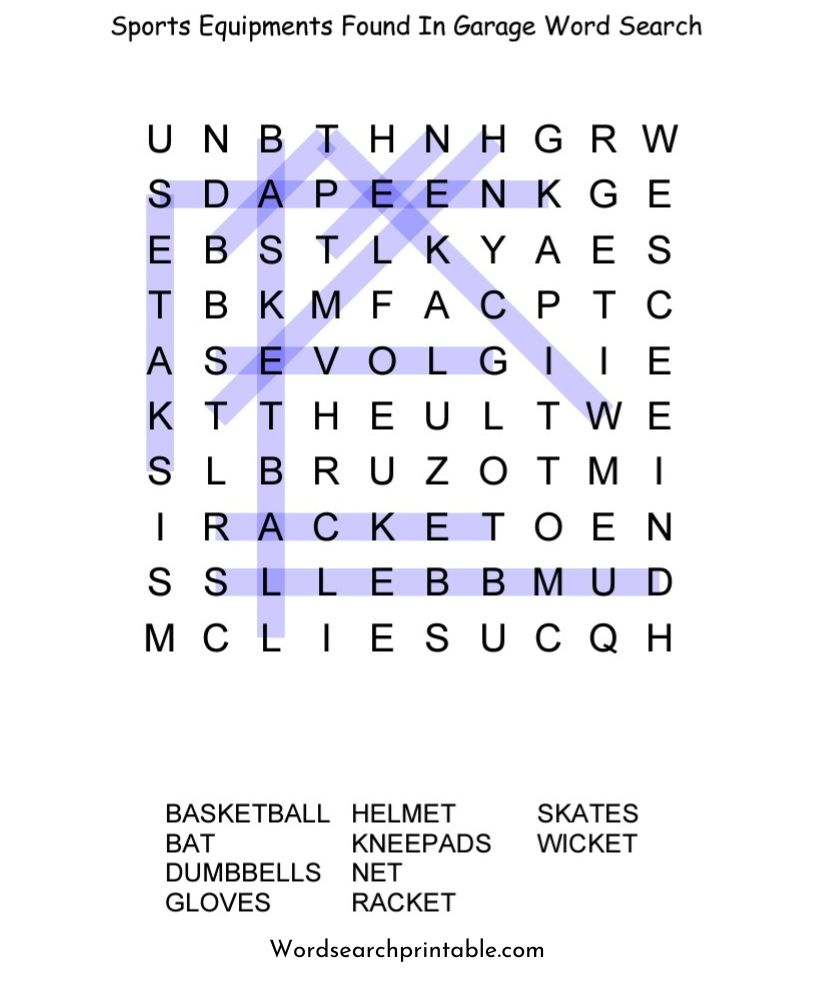 Sports equipments found in garage word search puzzle solution