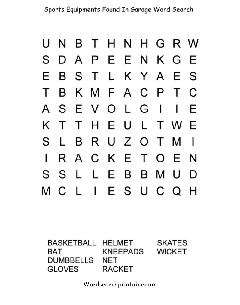 Sports equipments found in garage word search puzzle